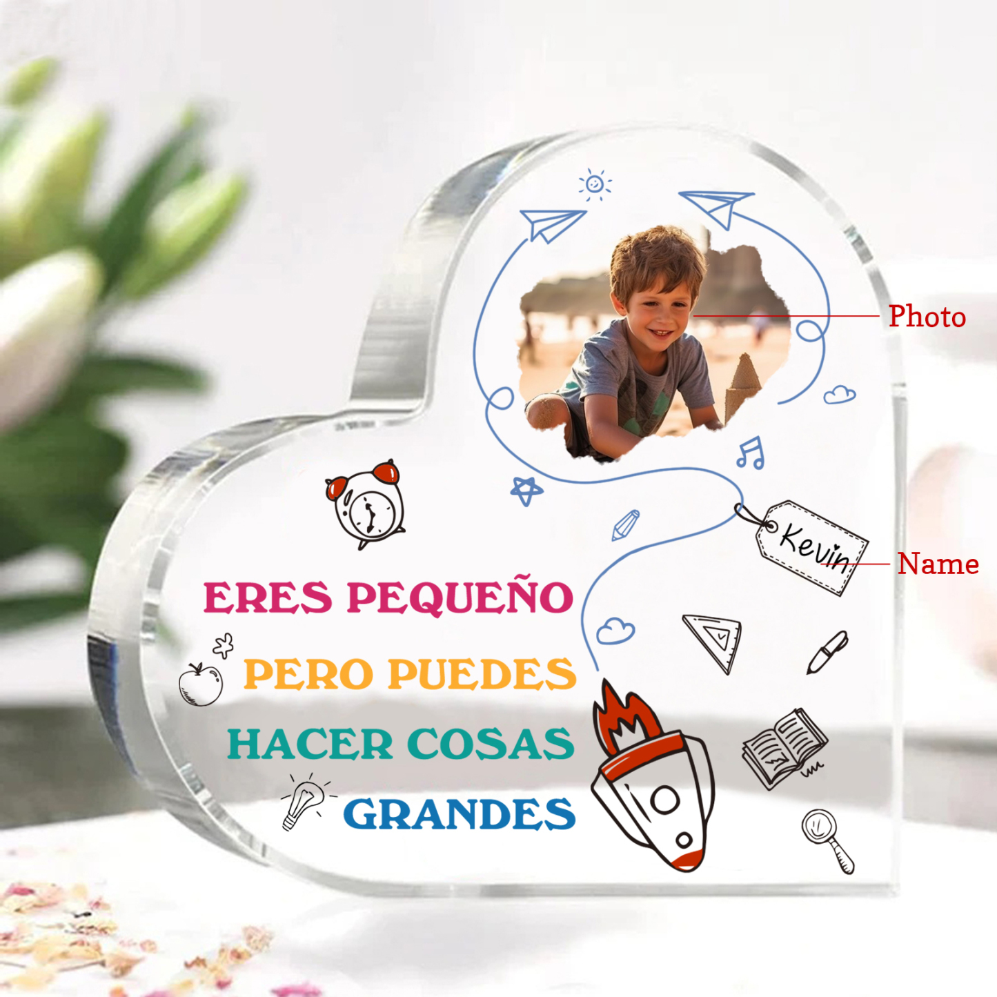 Vuelta al cole-Placa de acrílico en forma de corazón con nombre y foto personalizados