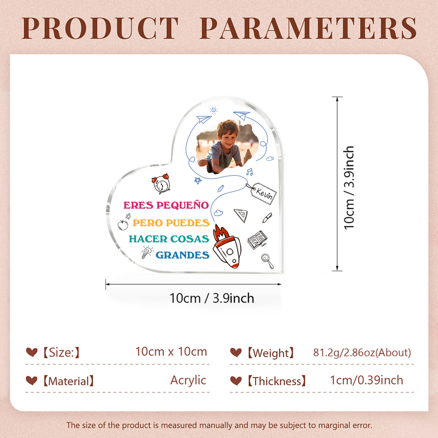 Vuelta al cole-Placa de acrílico en forma de corazón con nombre y foto personalizados