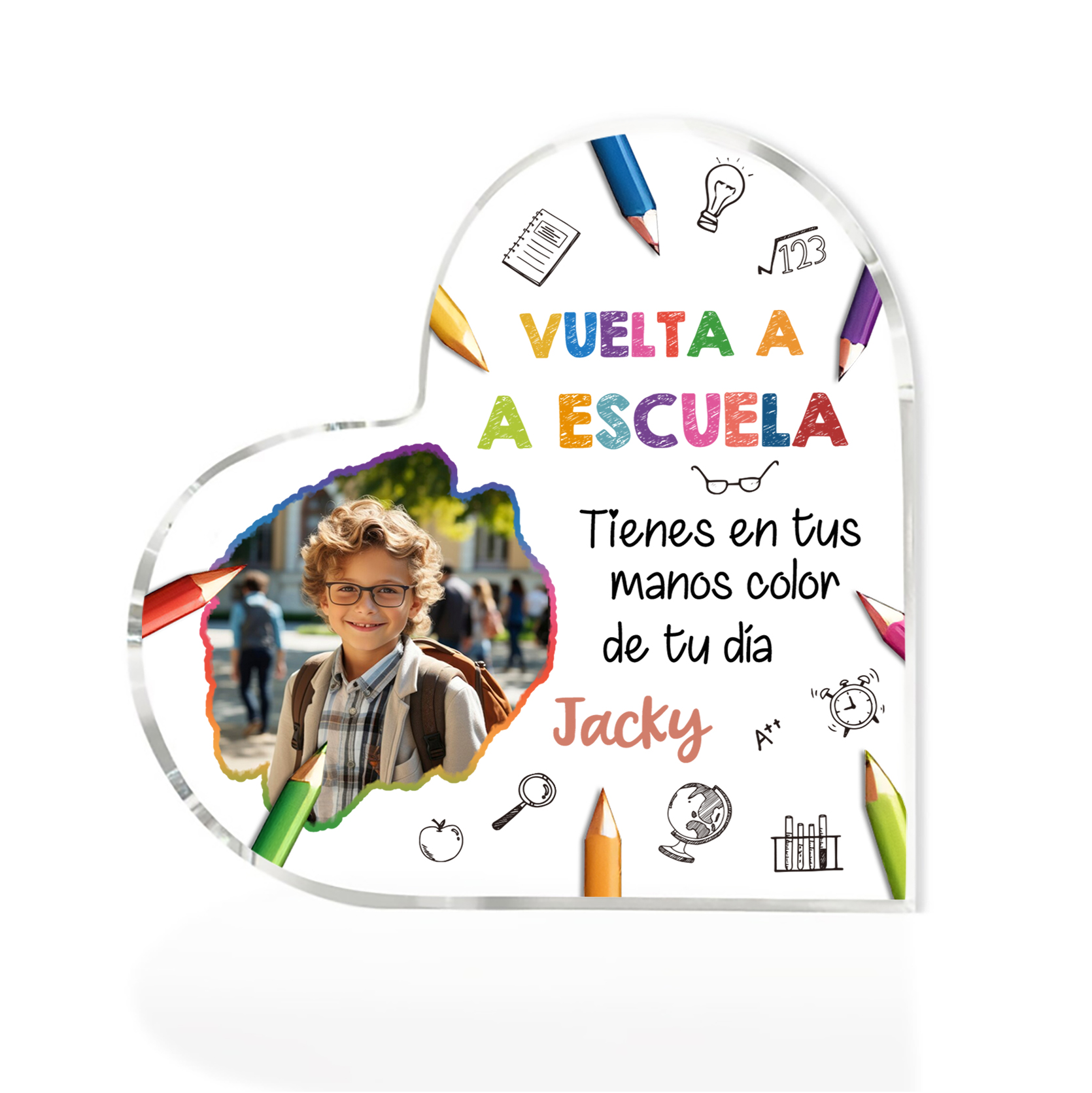 Vuelta al cole-Placa de acrílico en forma de corazón con nombre y foto personalizados