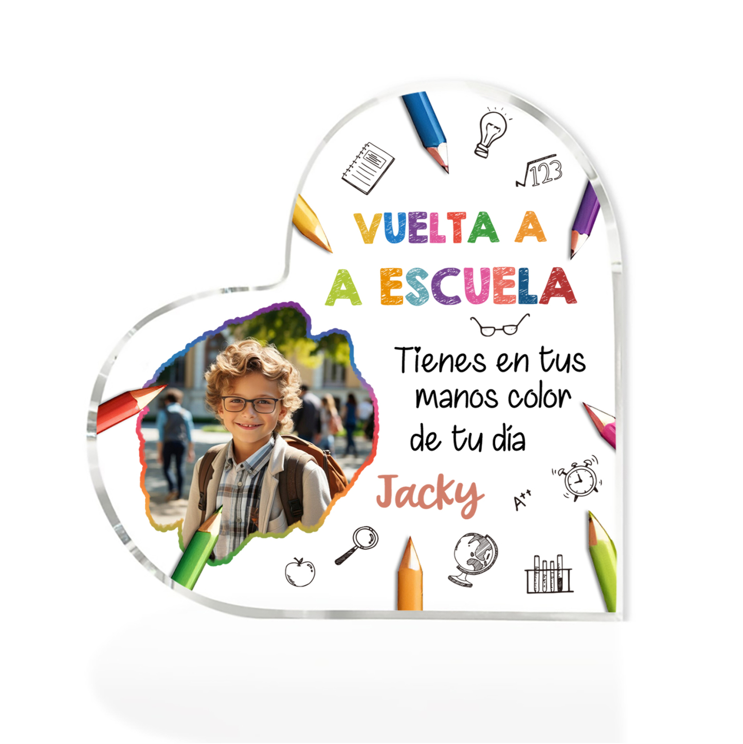 Vuelta al cole-Placa de acrílico en forma de corazón con nombre y foto personalizados