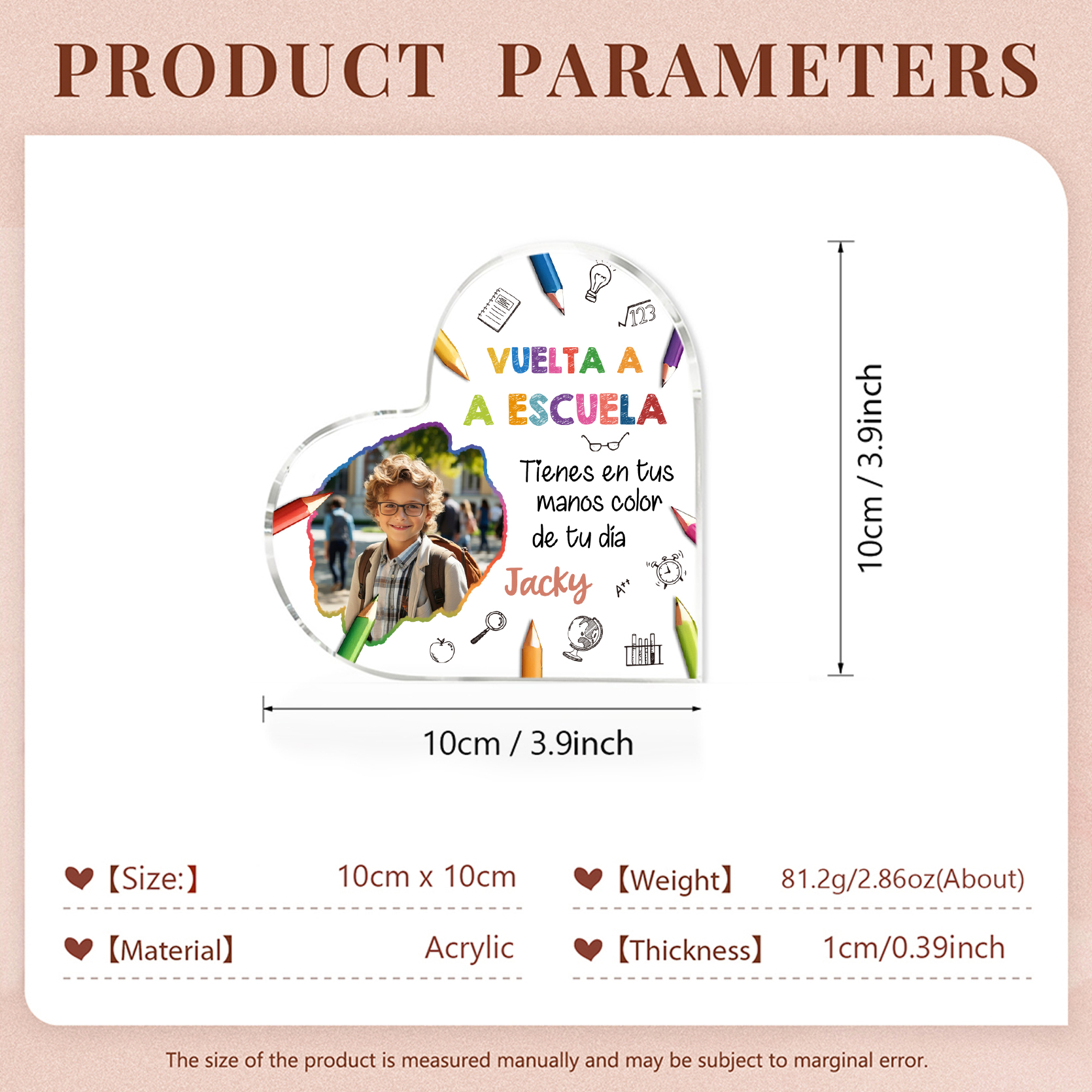 Vuelta al cole-Placa de acrílico en forma de corazón con nombre y foto personalizados