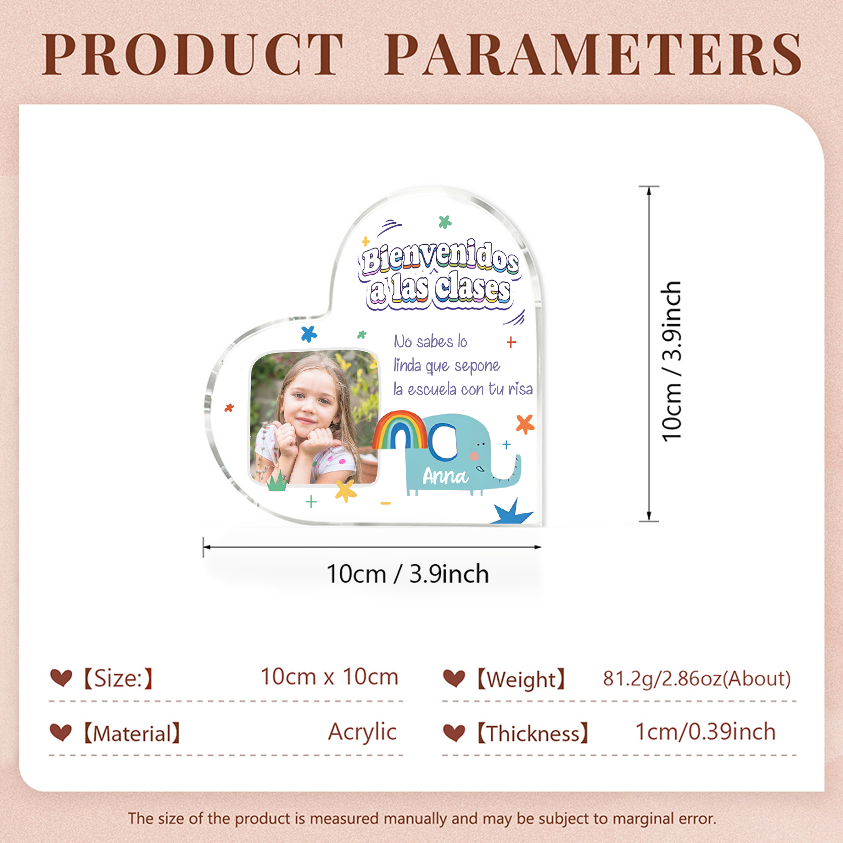 [Copy]Vuelta al cole-Placa de acrílico en forma de corazón con nombre y foto personalizados