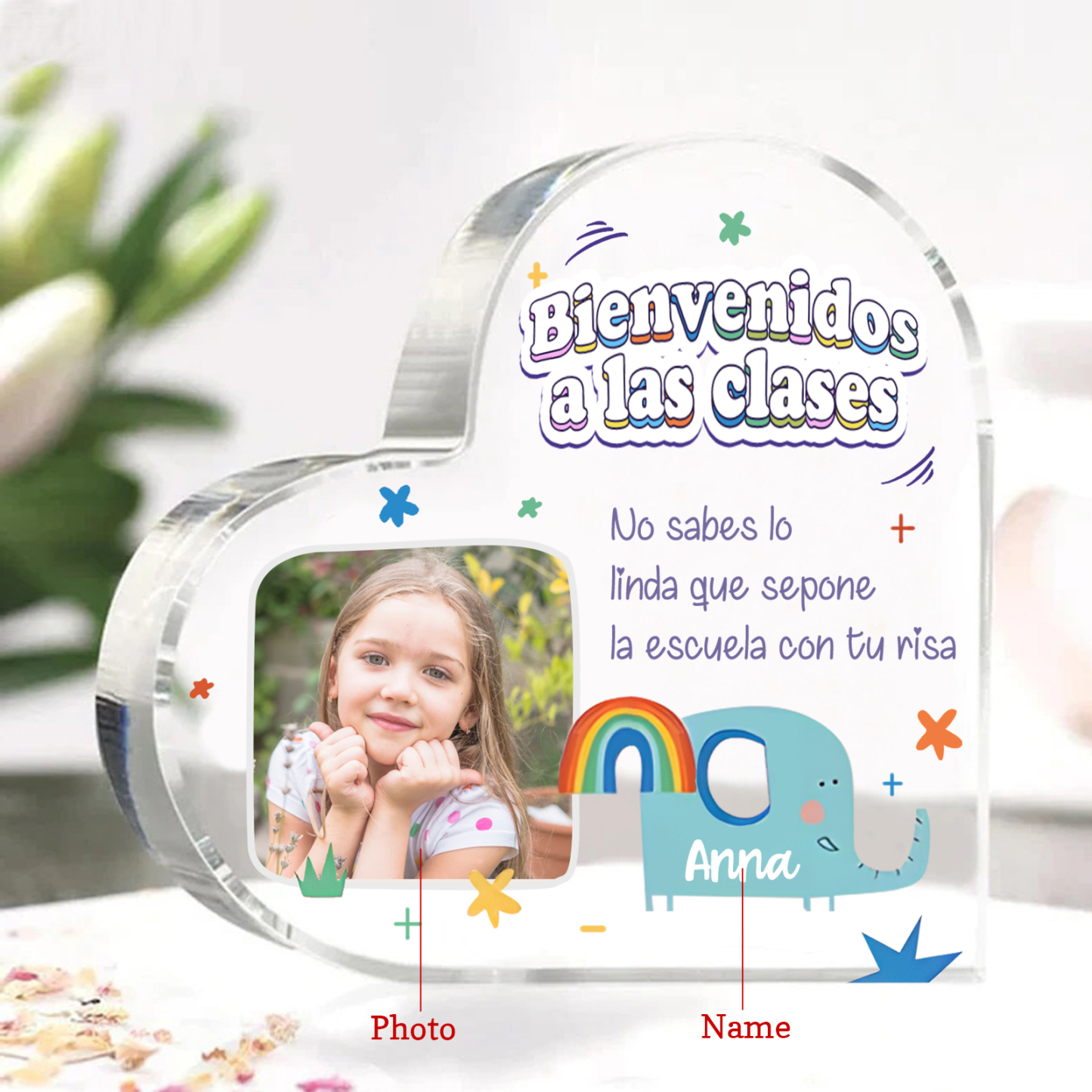 [Copy]Vuelta al cole-Placa de acrílico en forma de corazón con nombre y foto personalizados