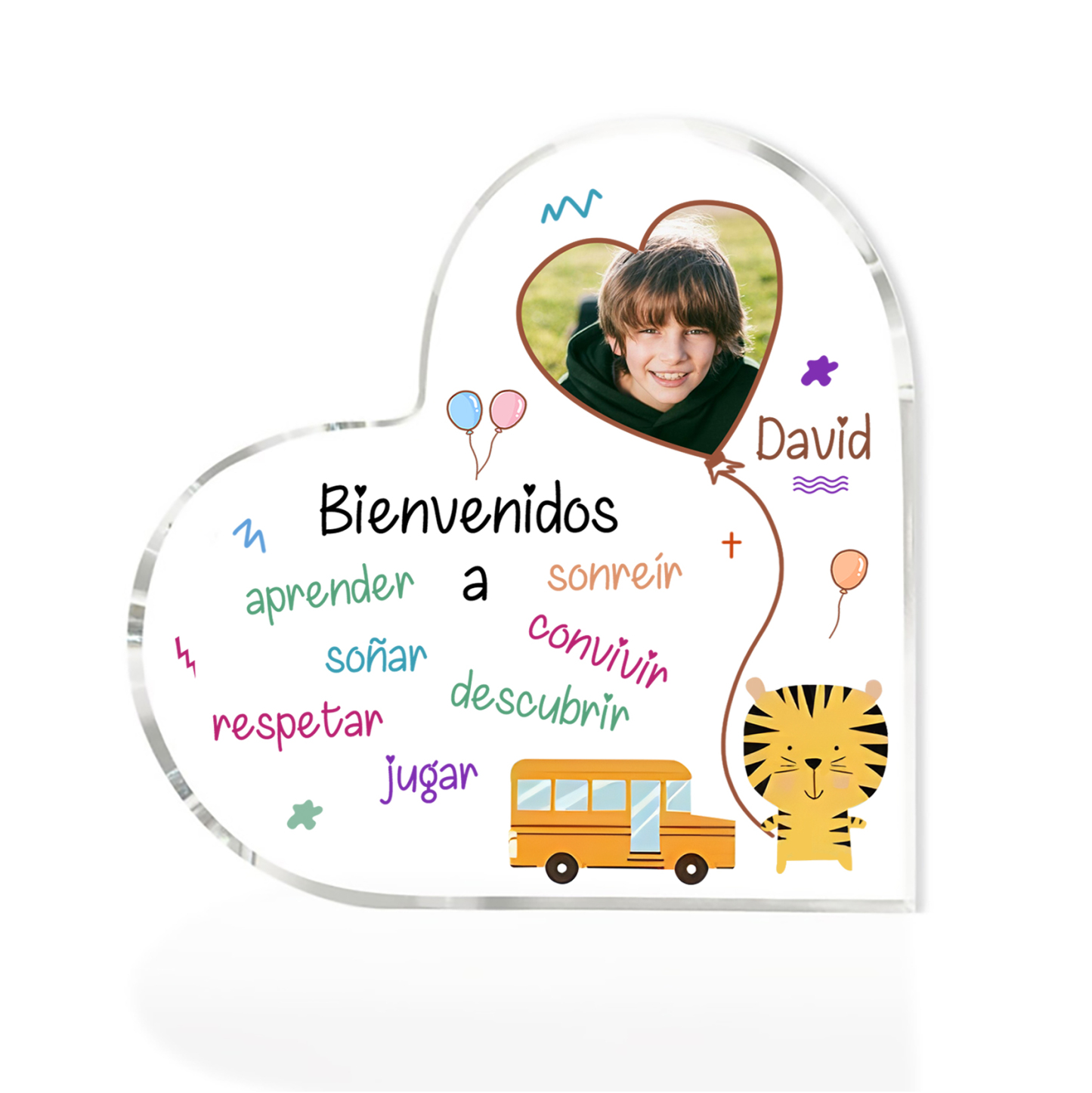 [Copy]Vuelta al cole-Placa de acrílico en forma de corazón con nombre y foto personalizados