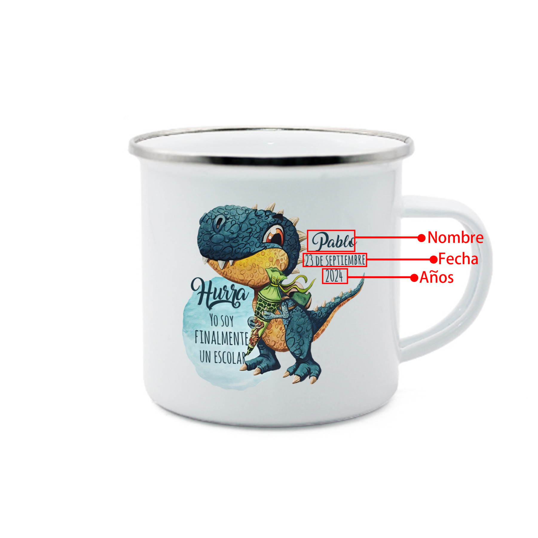Vuelta al cole-Taza para niños "dinosaurio" con 1 nombre, fecha y año personalizados