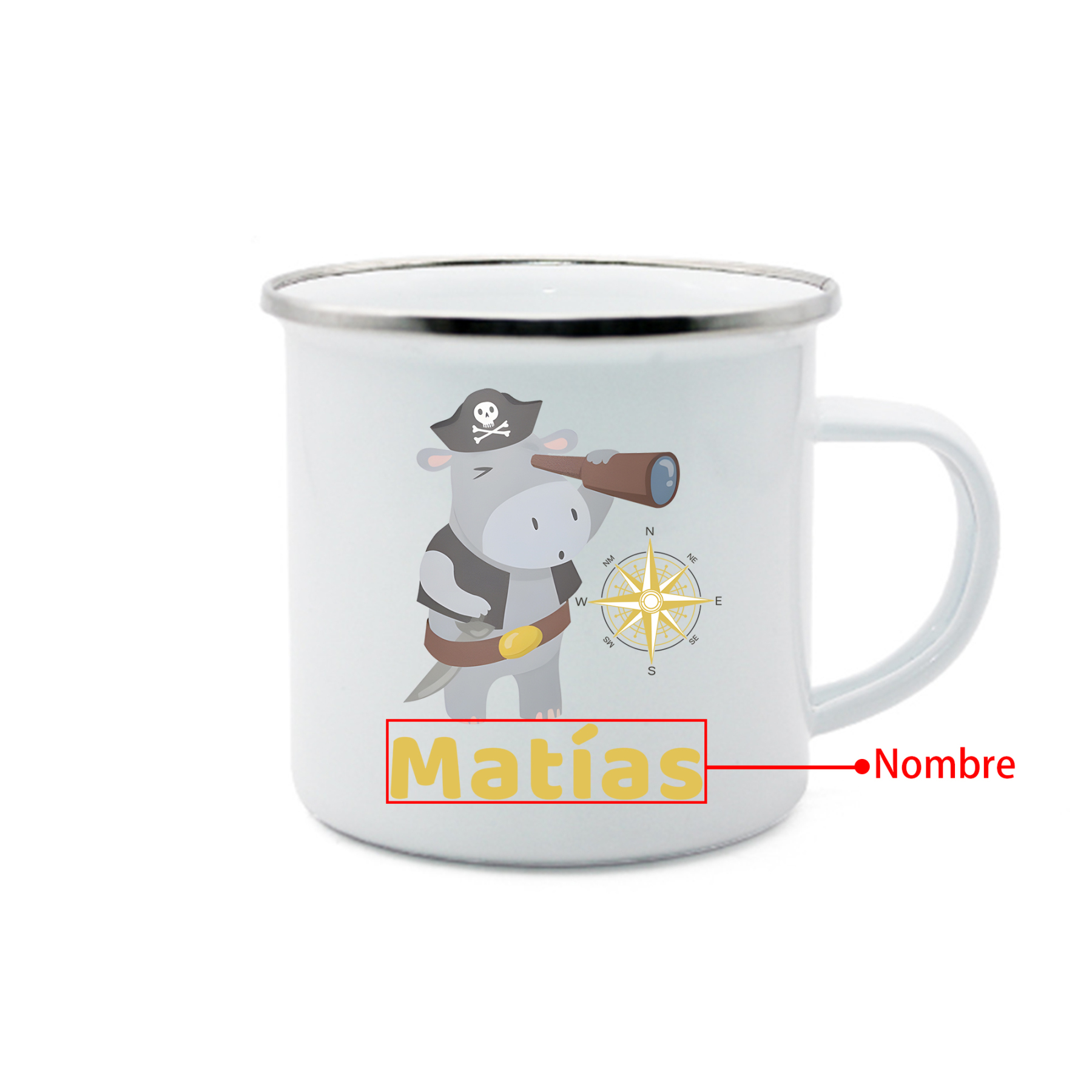 Vuelta al cole-Taza para niños "hipopótamo pirata" con 1 nombre personalizado
