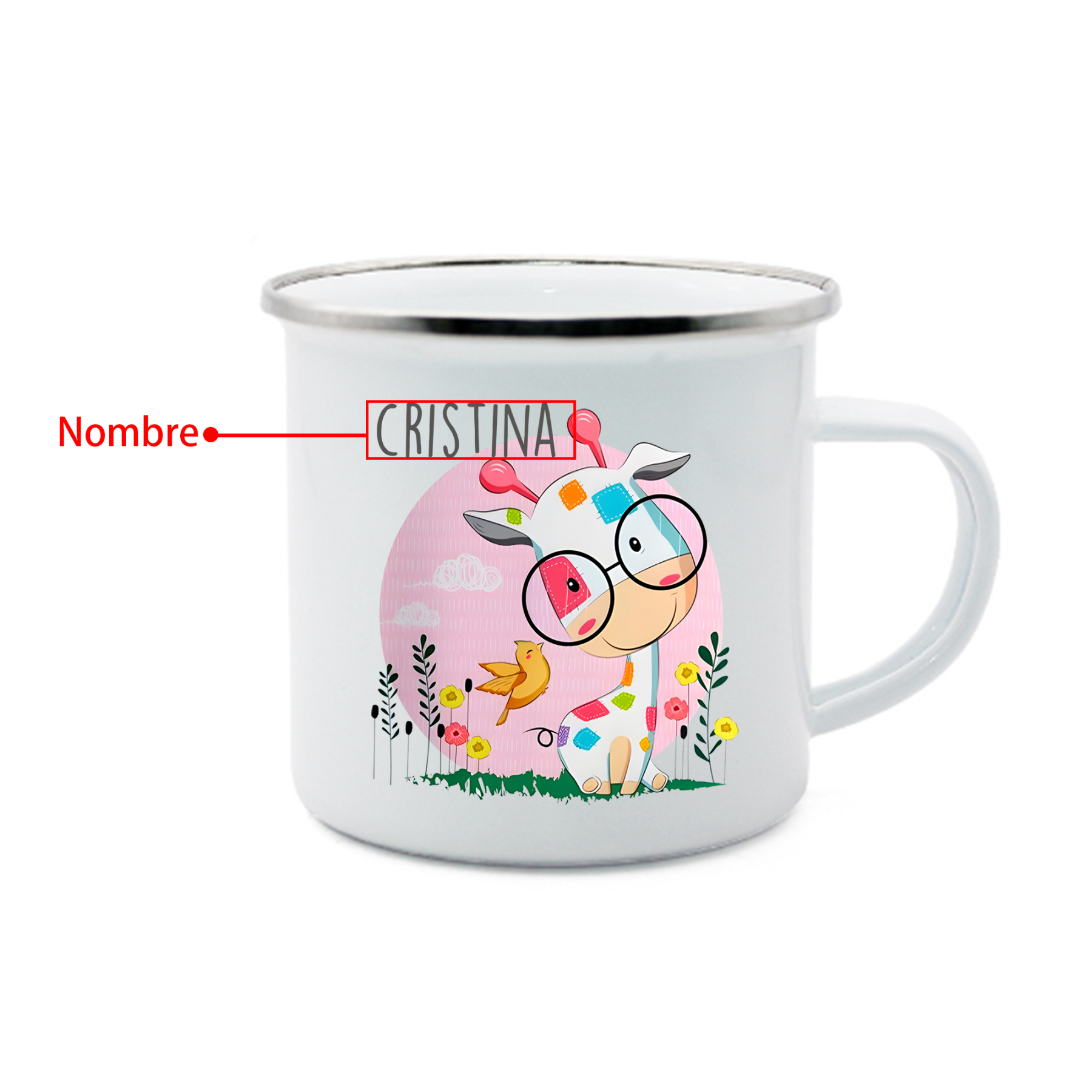 Vuelta al cole-Taza para niños "girafa con gafas" con 1 nombre personalizado