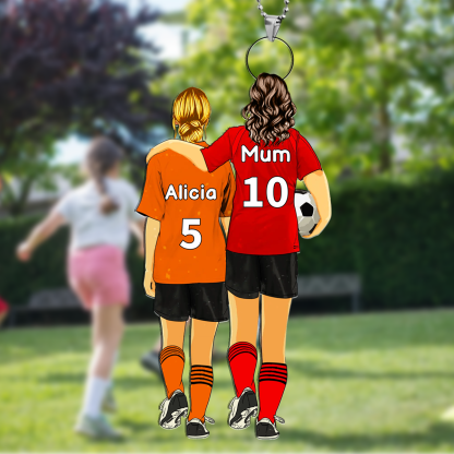 Llavero de acrílico mamá e hijo/hija fútbol con 2 nombres, números y ropas personalizados | Jessemade