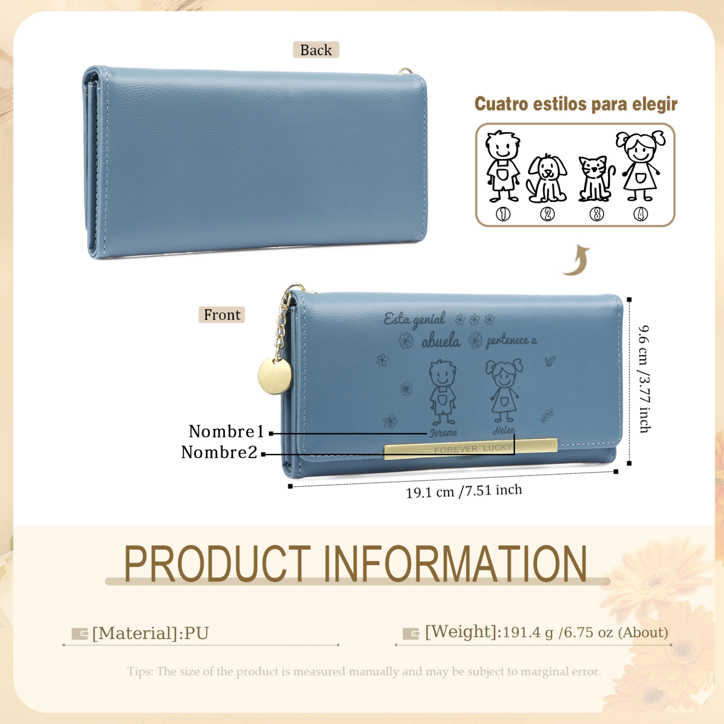 A mi abuela-Cartera con dibujos seleccionados 2 nombres personalizados billetera para mujer | Jessemade