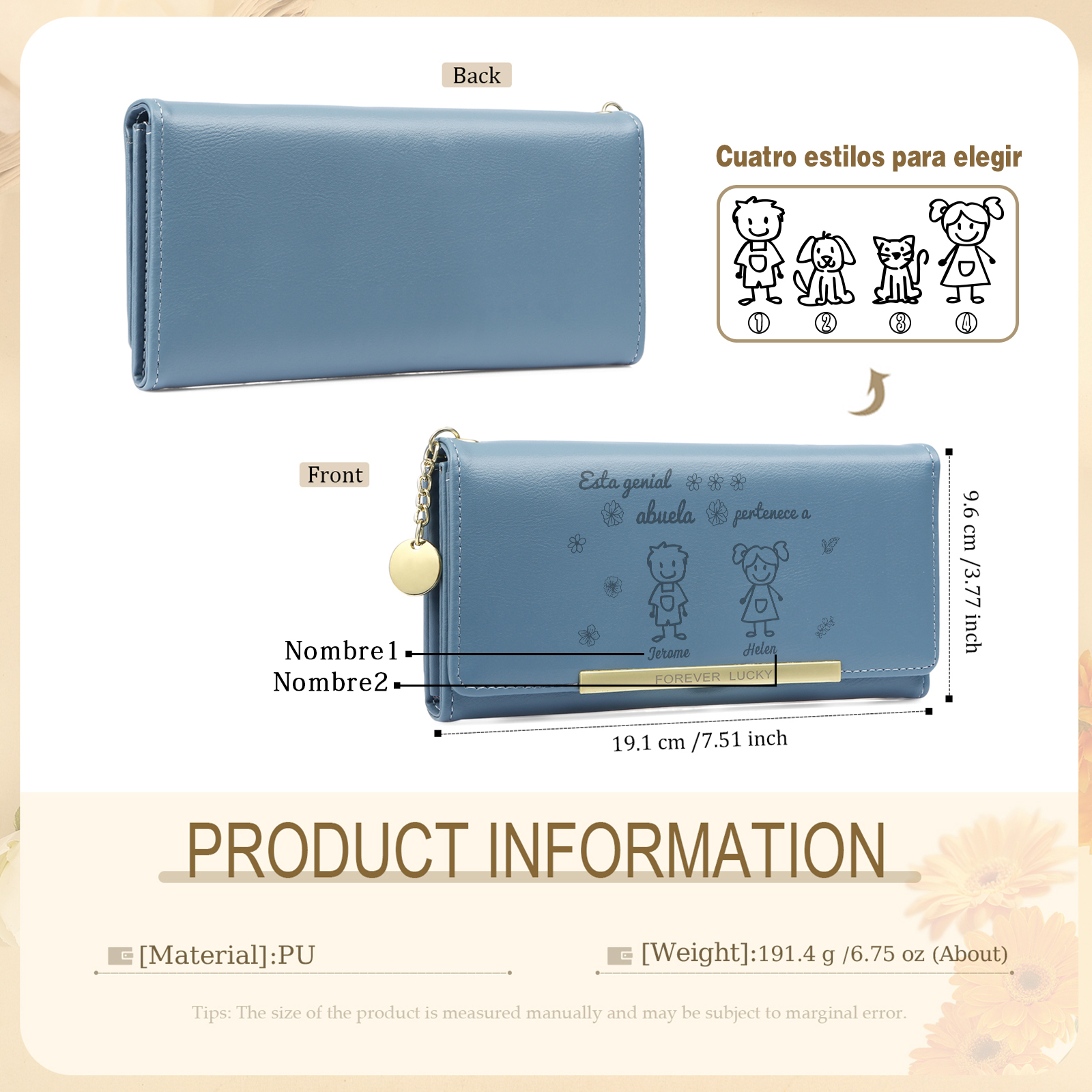 A mi abuela-Cartera con dibujos seleccionados 2 nombres personalizados billetera para mujer | Jessemade