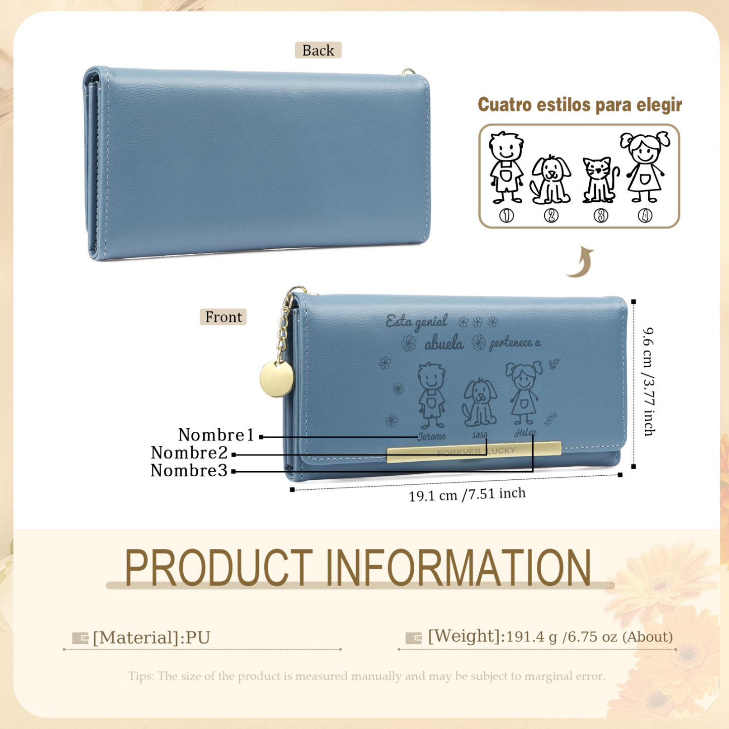 A mi abuela-Cartera con dibujos seleccionados 3 nombres personalizados billetera para mujer | Jessemade