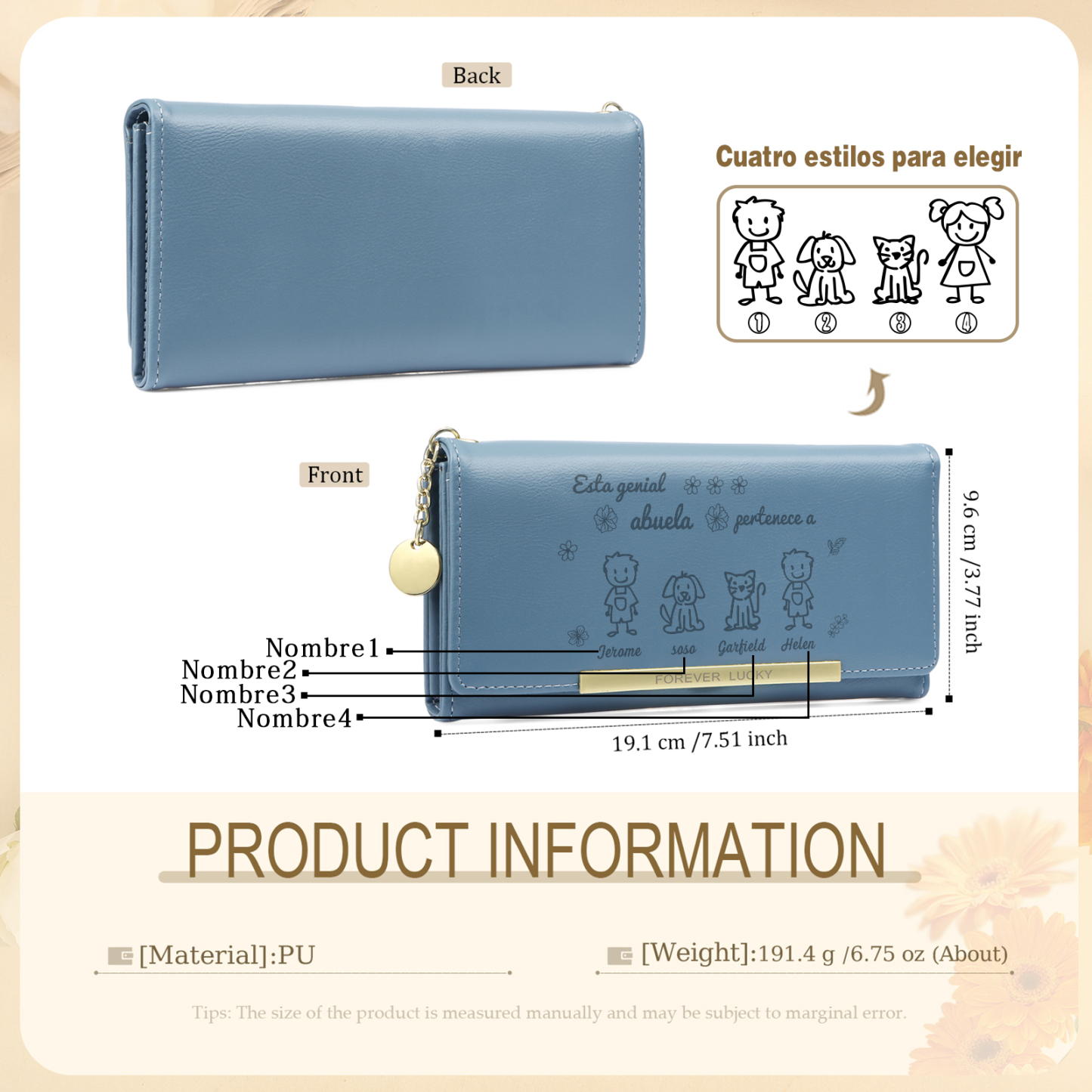 A mi abuela-Cartera con dibujos seleccionados 4 nombres personalizados billetera para mujer | Jessemade