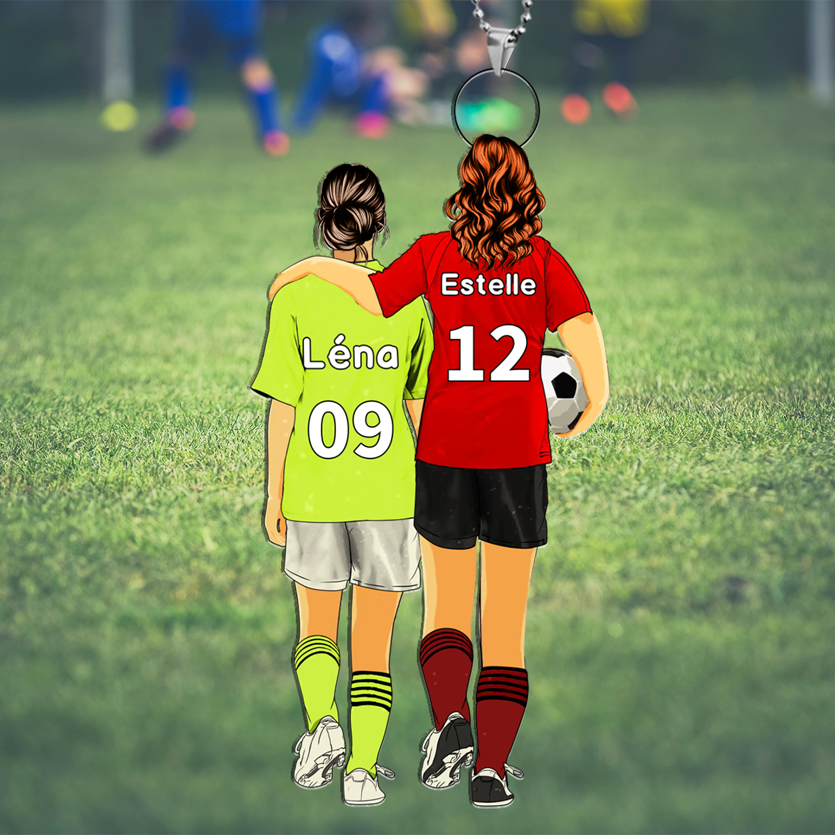 Llavero de acrílico mamá e hijo/hija fútbol con 2 nombres, números y ropas personalizados | Jessemade