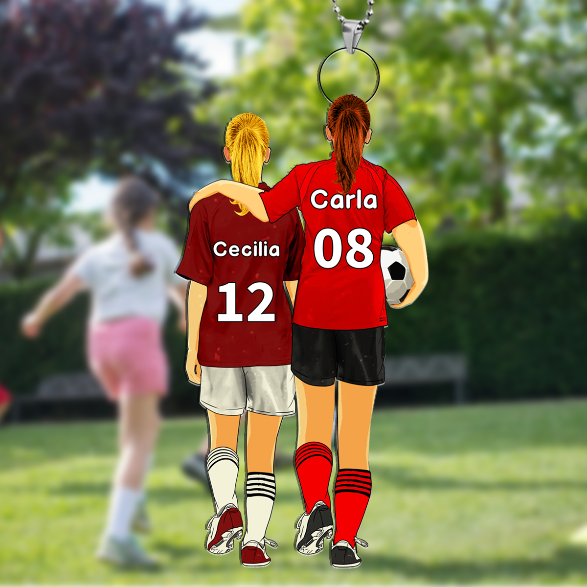 Llavero de acrílico mamá e hijo/hija fútbol con 2 nombres, números y ropas personalizados | Jessemade