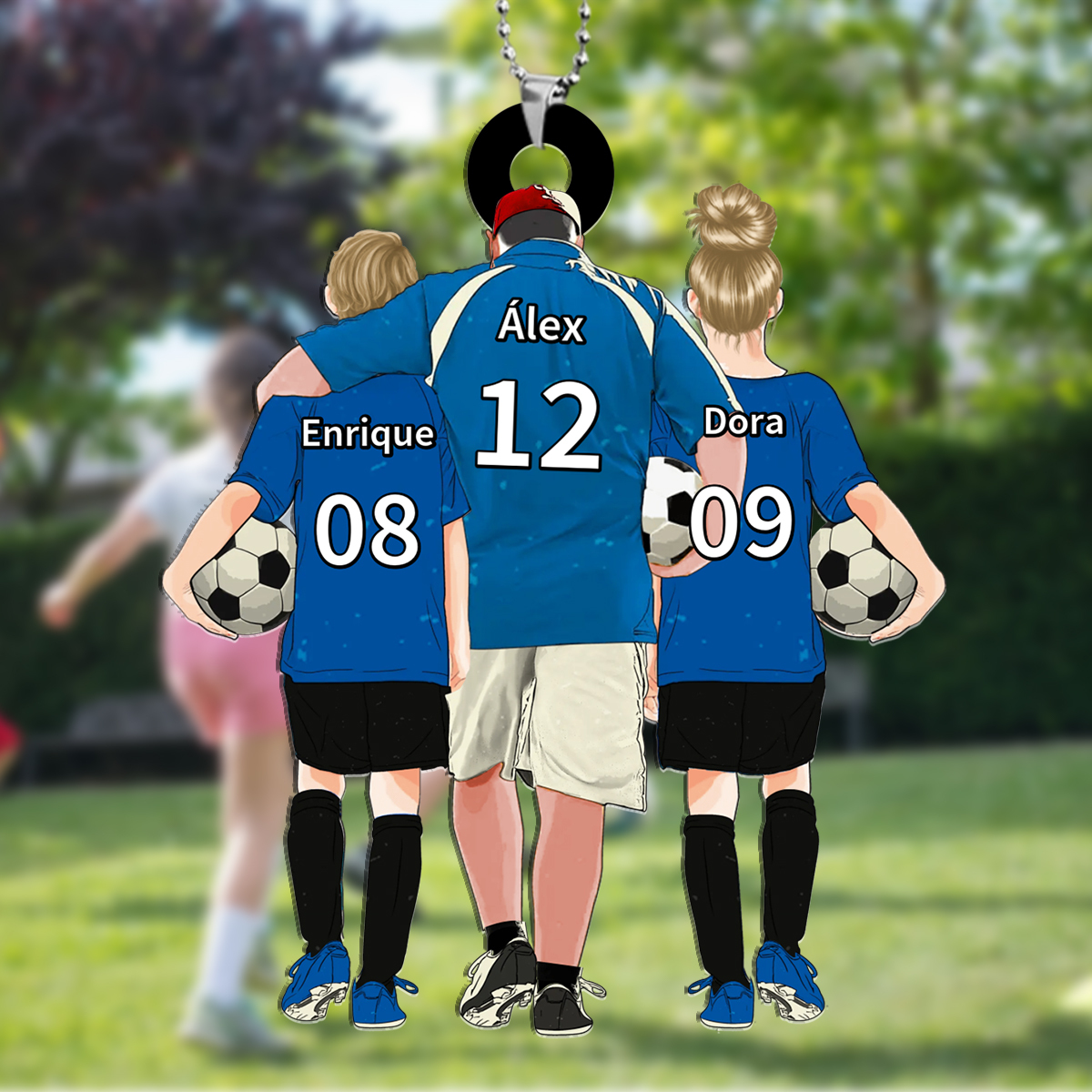 Llavero de acrílico fútbol papá y niños 3 nombres y ropas personalizados | Jessemade