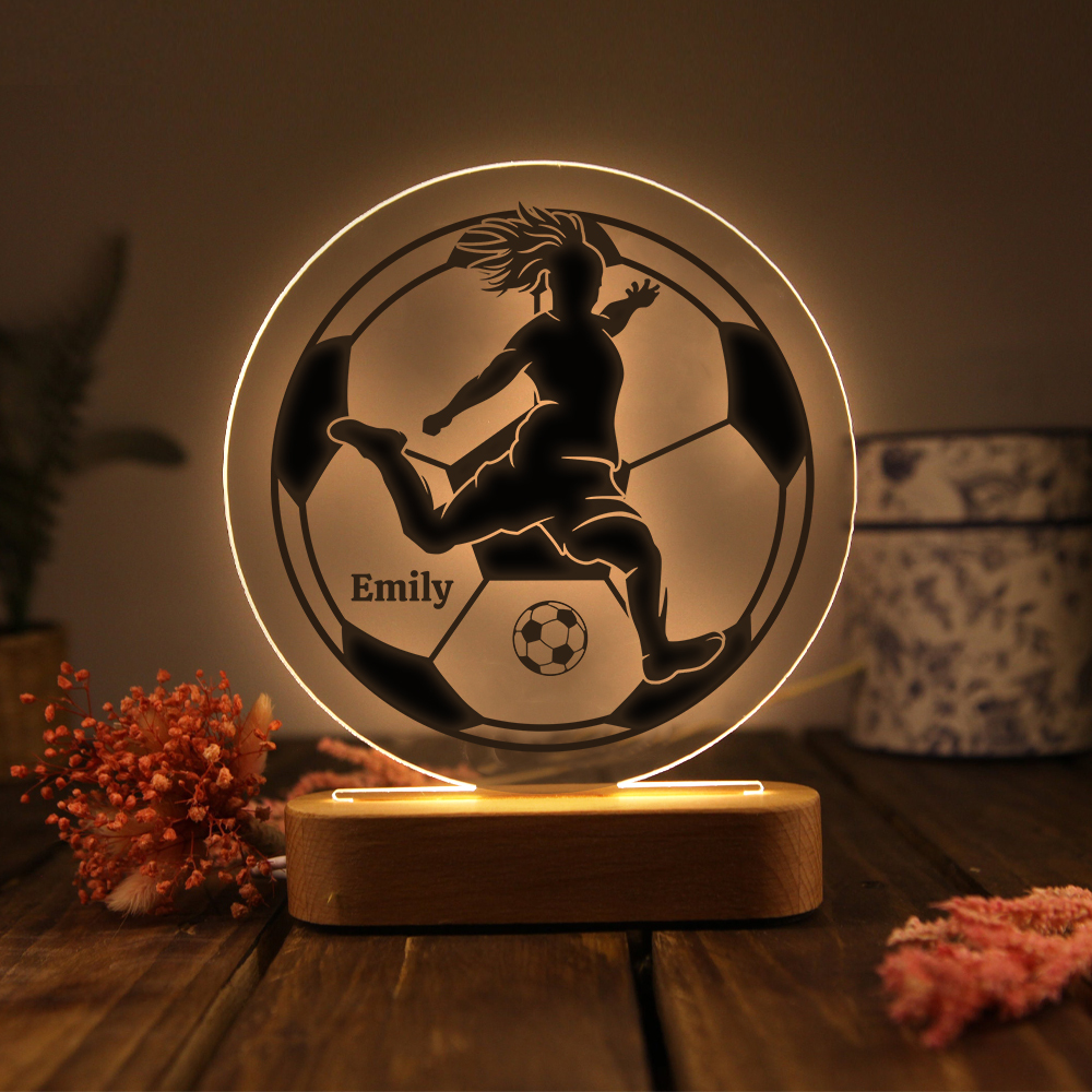 Lámpara Ilusión 3D Luz de Noche LED Silueta de Chica con Fútbol con Nombre Personalizado