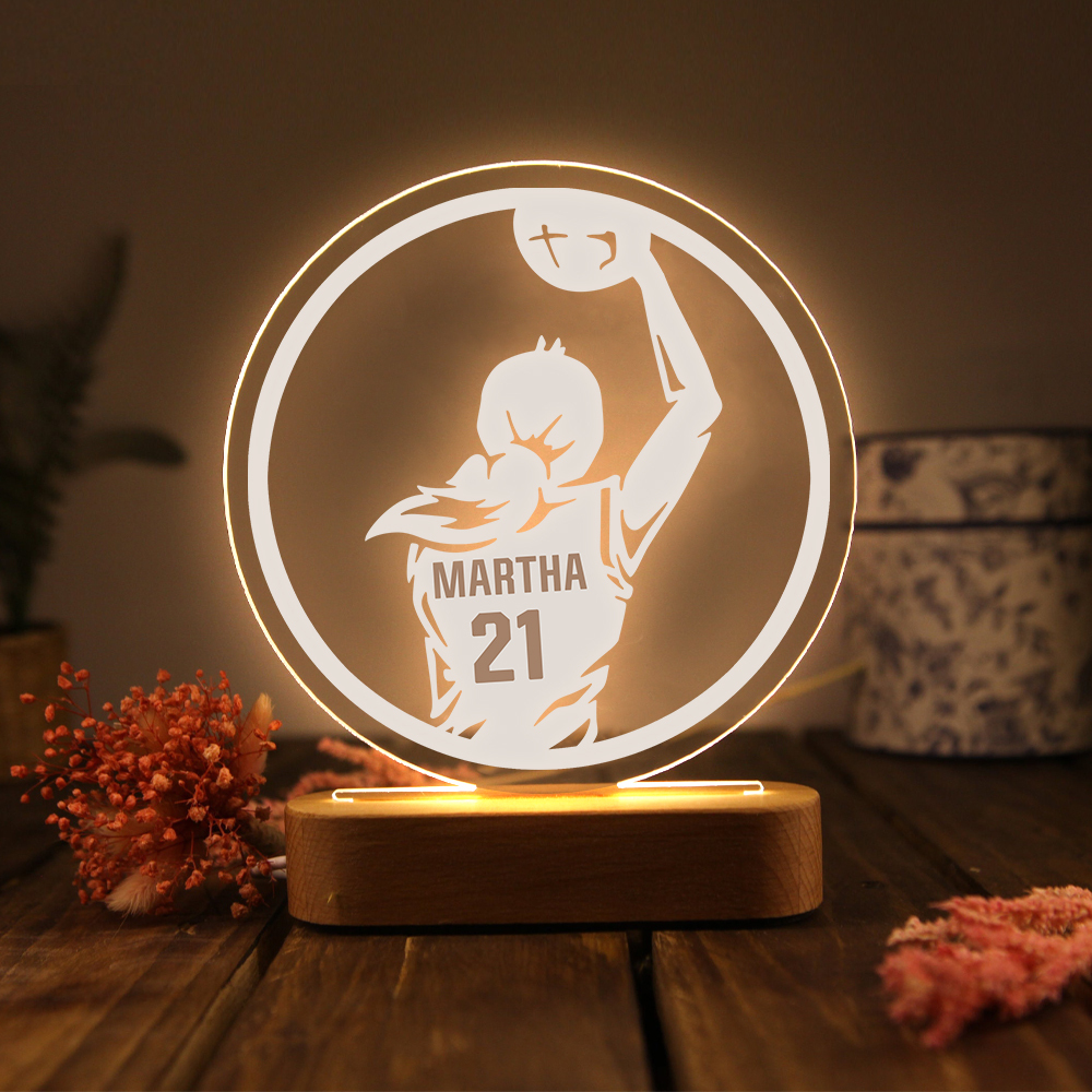 Lámpara Ilusión 3D Luz de Noche LED Silueta de Chica con Baloncesto con Nombre y Número Personalizados