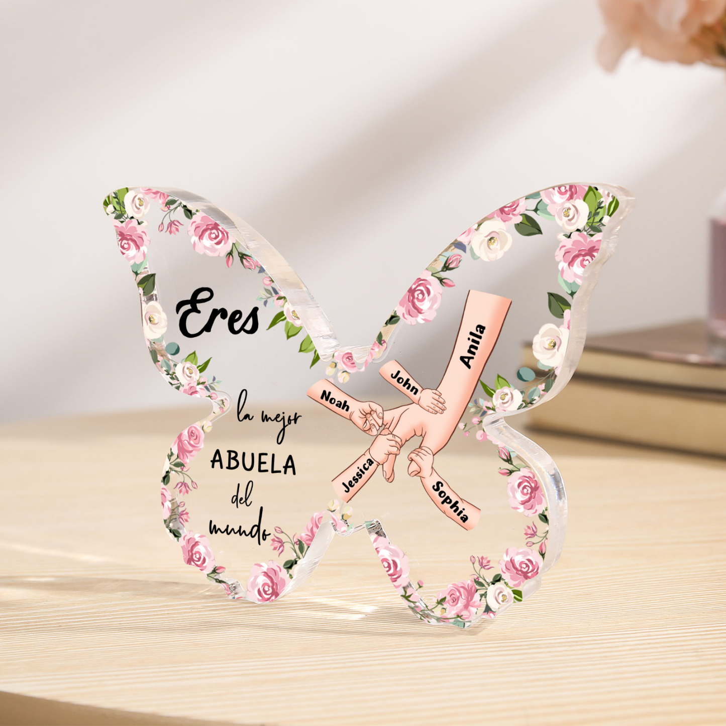 A mi abuela-Placa de acrílico mano con mano en forma de mariposa 5 nombres personalizados | Jessemade
