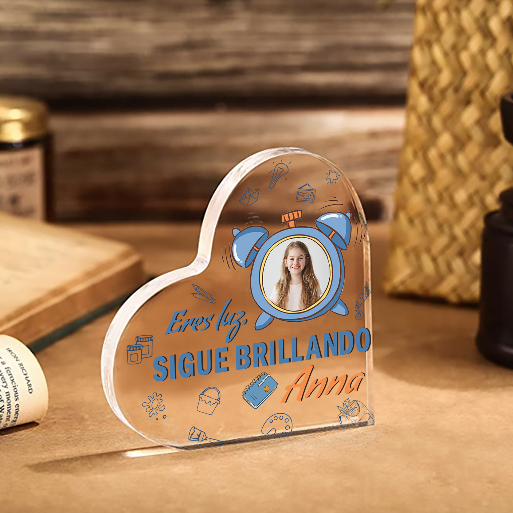 Vuelta al cole-Placa de acrílico en forma de corazón con nombre y foto personalizados