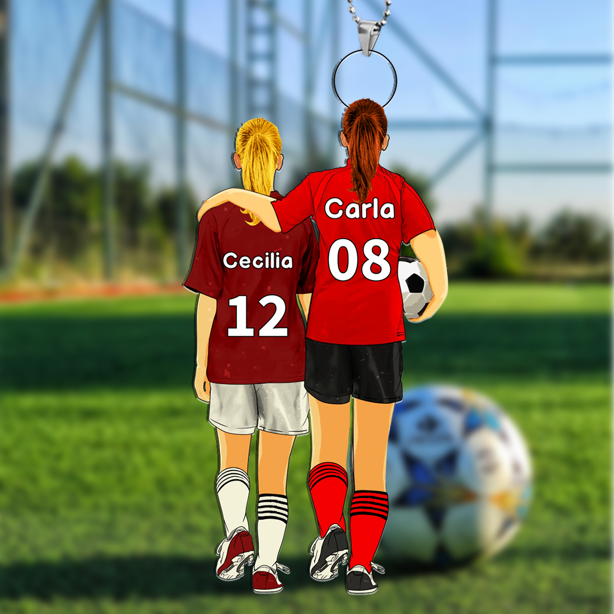 Llavero de acrílico mamá e hijo/hija fútbol con 2 nombres, números y ropas personalizados | Jessemade