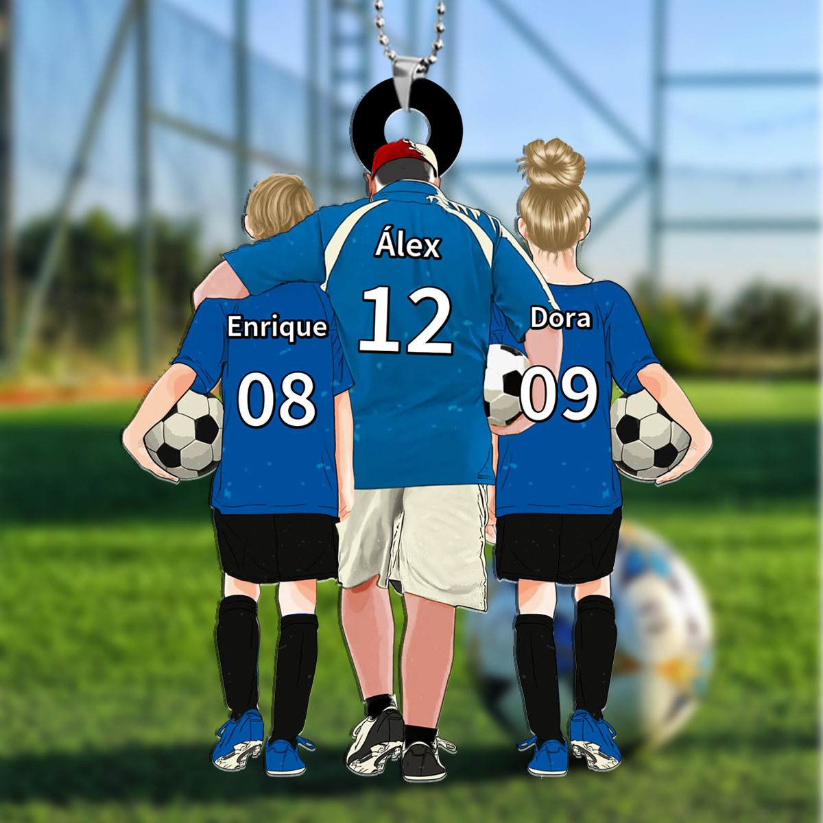 Llavero de acrílico fútbol papá y niños 3 nombres y ropas personalizados | Jessemade