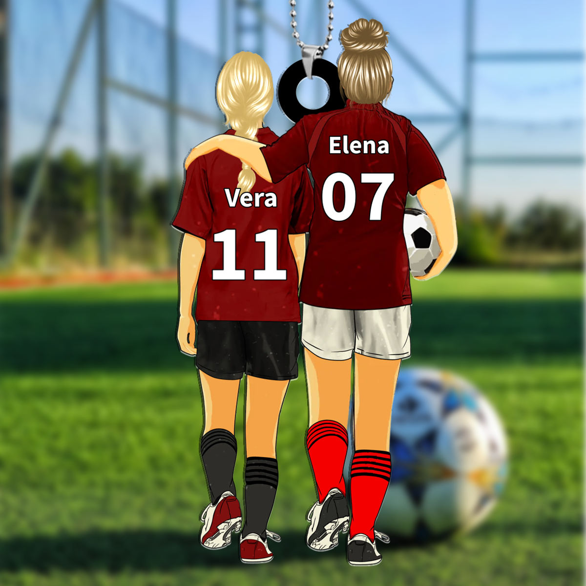 Llavero de acrílico mamá e hijo/hija fútbol con 2 nombres, números y ropas personalizados | Jessemade