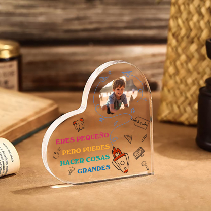 Vuelta al cole-Placa de acrílico en forma de corazón con nombre y foto personalizados