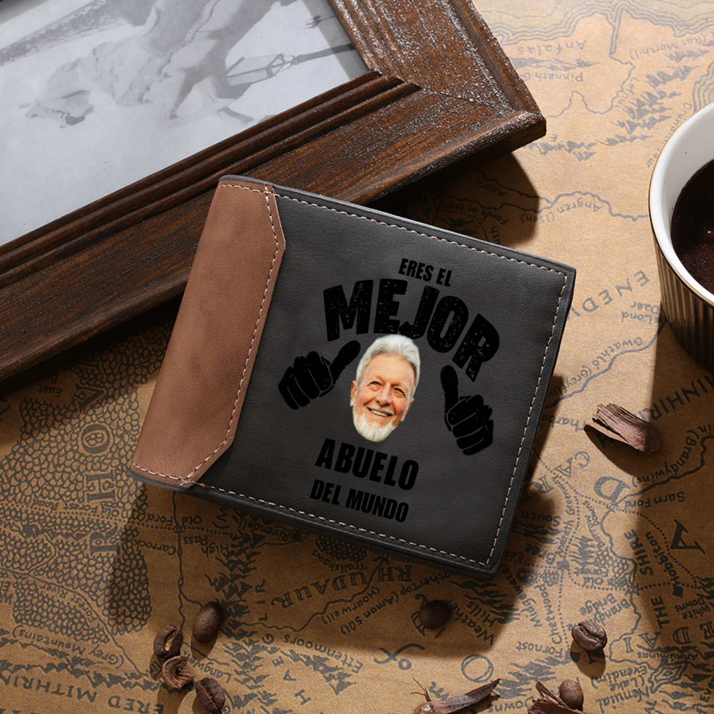 A abuelo/papá-Cartera, billetera clásica foto, nombre y letra personal