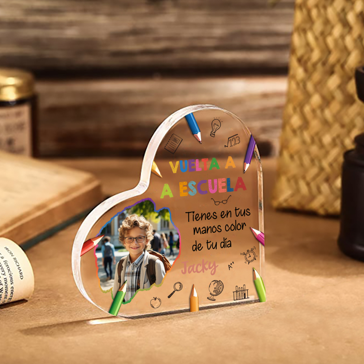 Vuelta al cole-Placa de acrílico en forma de corazón con nombre y foto personalizados