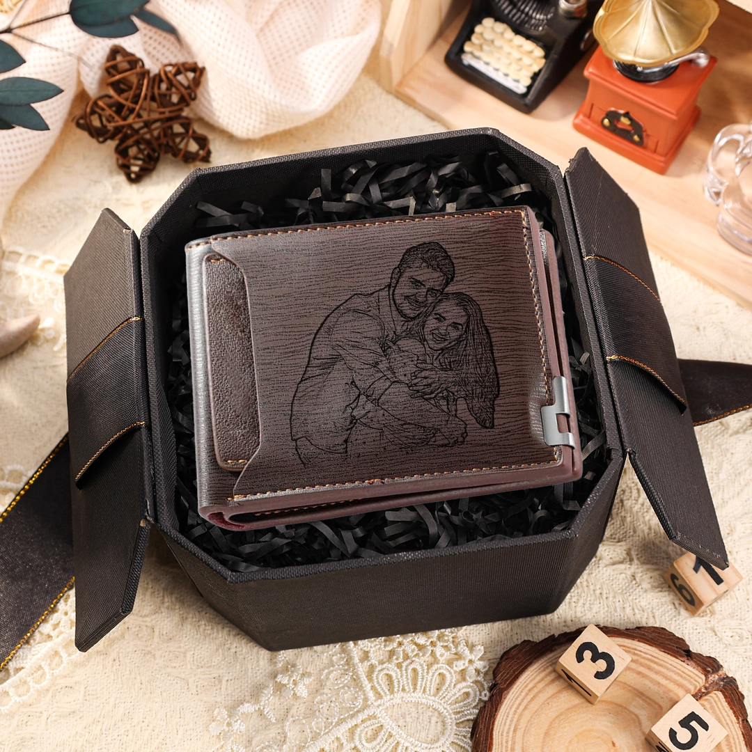 Pareja-Cartera, billetera con 1 foto y 3 textos personalizados, monede