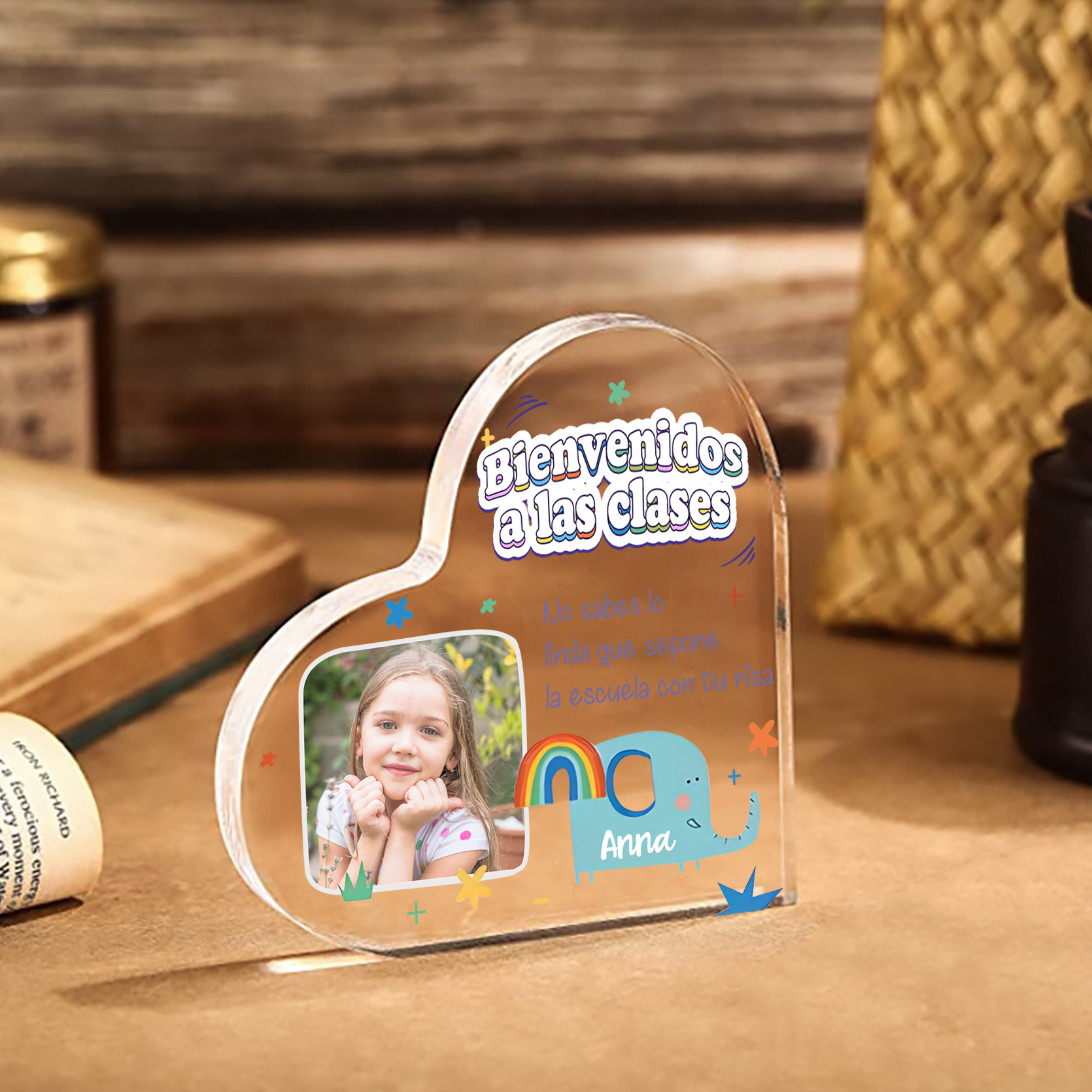 [Copy]Vuelta al cole-Placa de acrílico en forma de corazón con nombre y foto personalizados