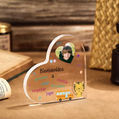 [Copy]Vuelta al cole-Placa de acrílico en forma de corazón con nombre y foto personalizados