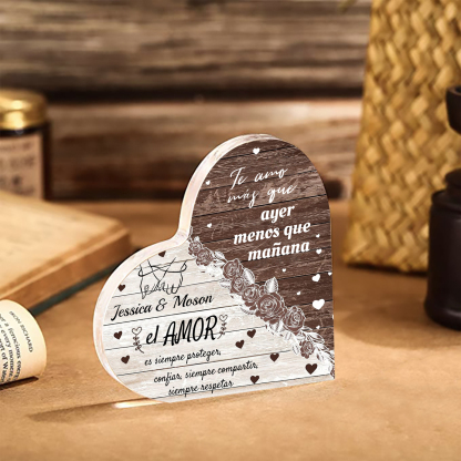 Placa de acrílico en forma de corazón de pareja con frase de amor con 2 nombres personalizados | Jessemade