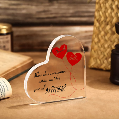 Placa de acrílico en forma de corazón de pareja con corazón 2 nombres personalizados | Jessemade