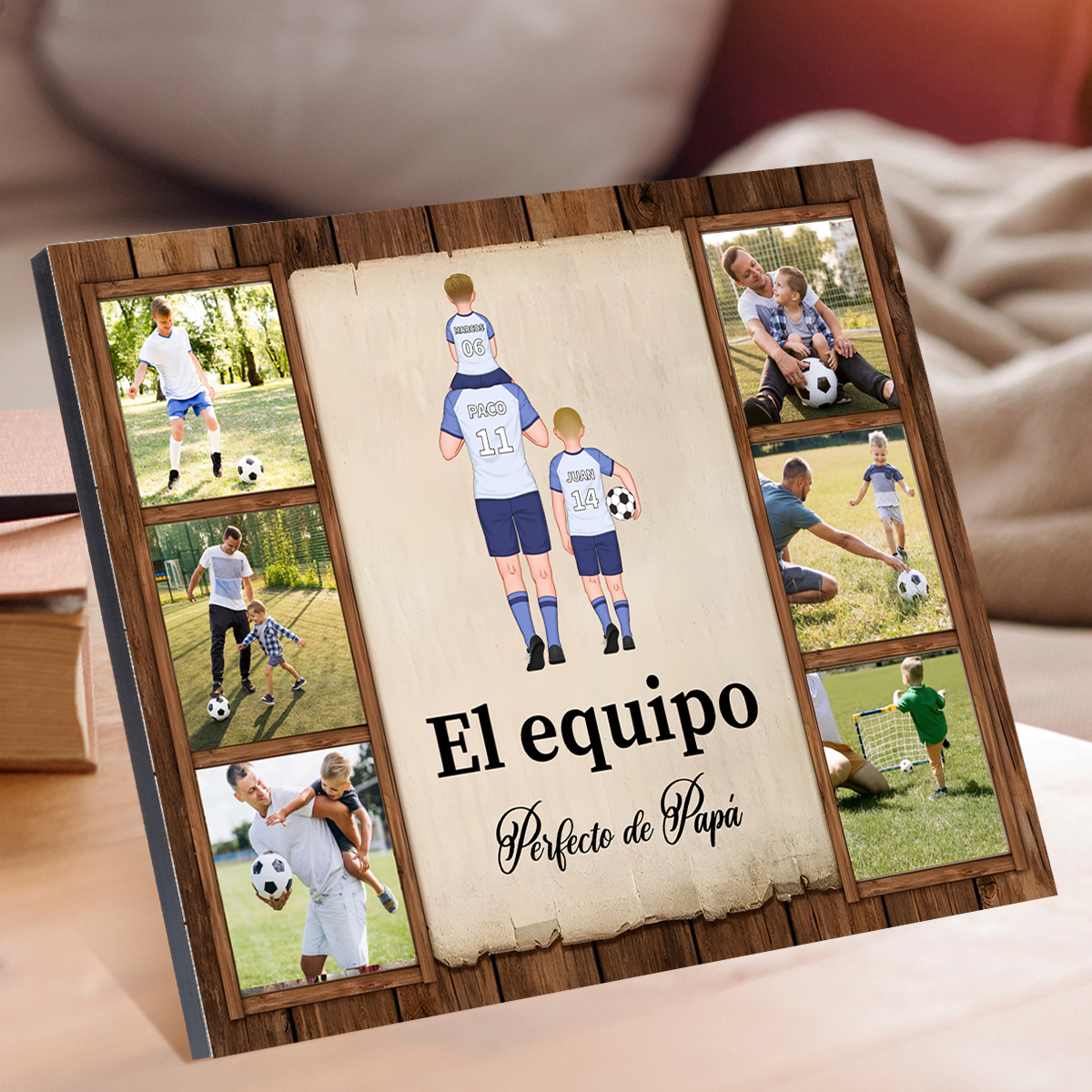 A mi papá - Lámina marco de madera de fútbol 2-9 nombres y 6 fotos con 1 texto personalizados | Jessemade