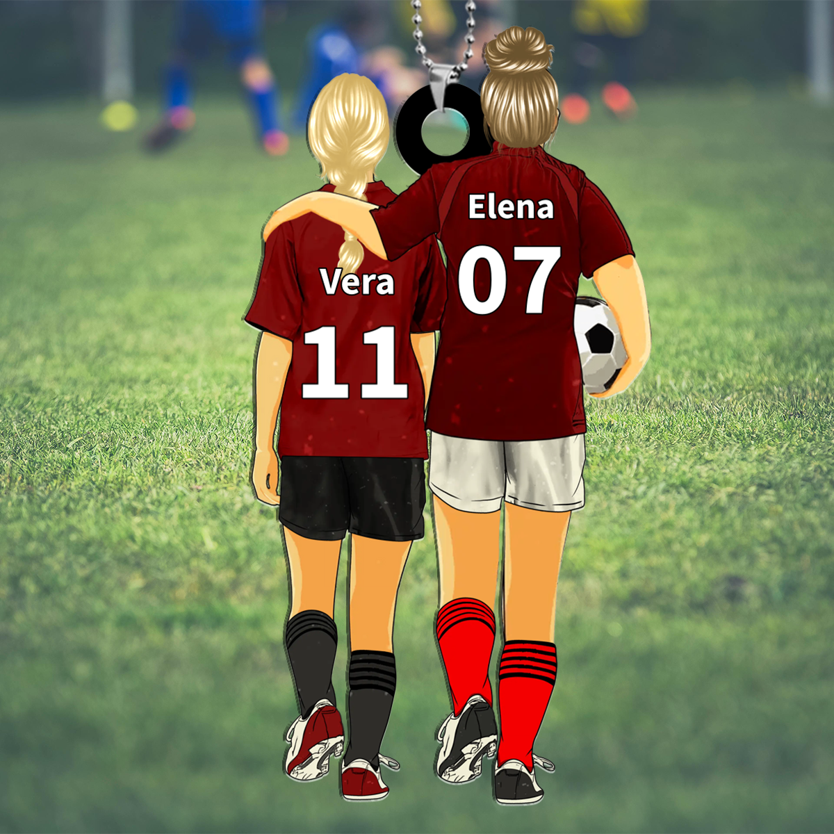 Llavero de acrílico mamá e hijo/hija fútbol con 2 nombres, números y ropas personalizados | Jessemade