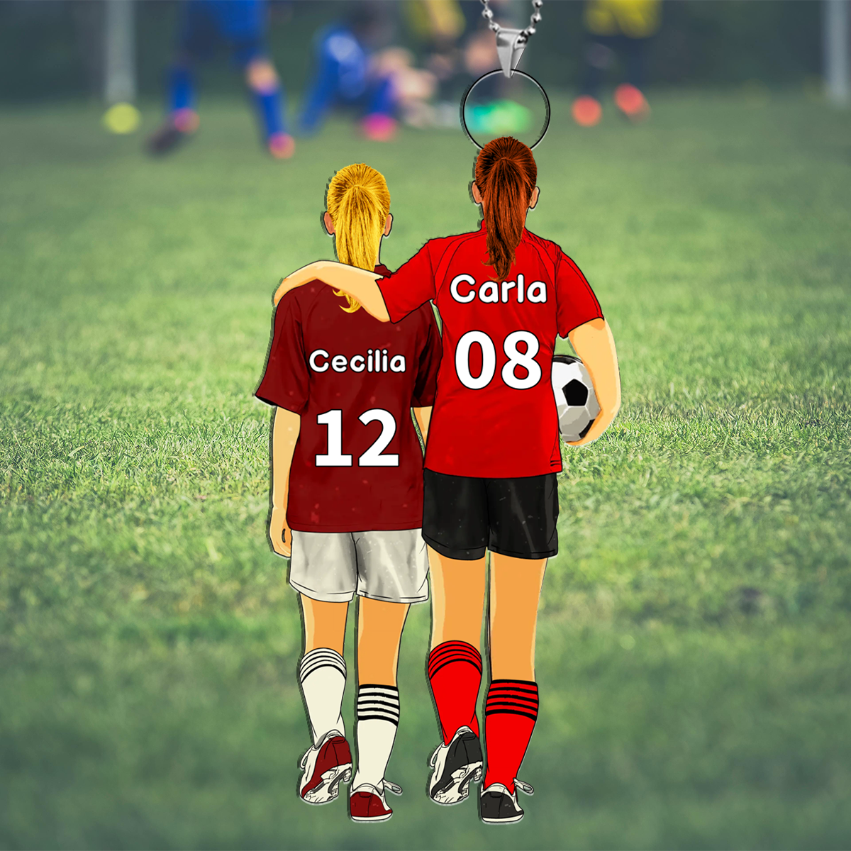 Llavero de acrílico mamá e hijo/hija fútbol con 2 nombres, números y ropas personalizados | Jessemade