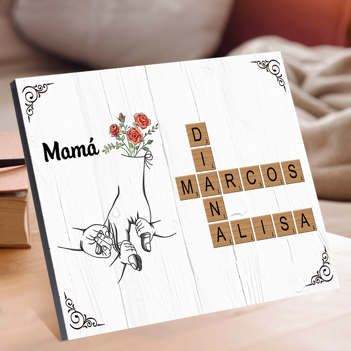 A familia - Lámina crucigrama y mano con mano 1-12 nombres personalizados con 1 texto marco de madera | Jessemade