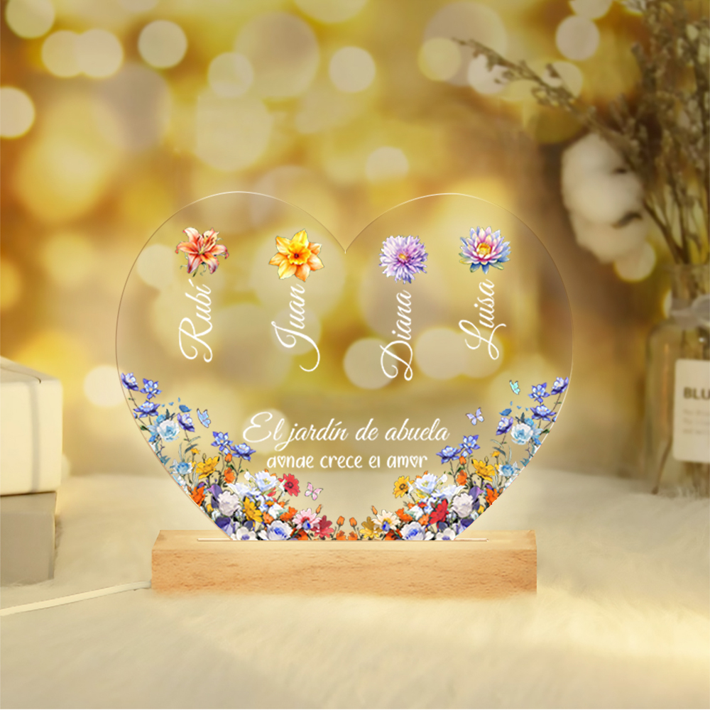 Abuela-Lámpara de corazón "el jardín de abuela" 1-8 nombres y flores de nacimiento personalizados | Jessemade