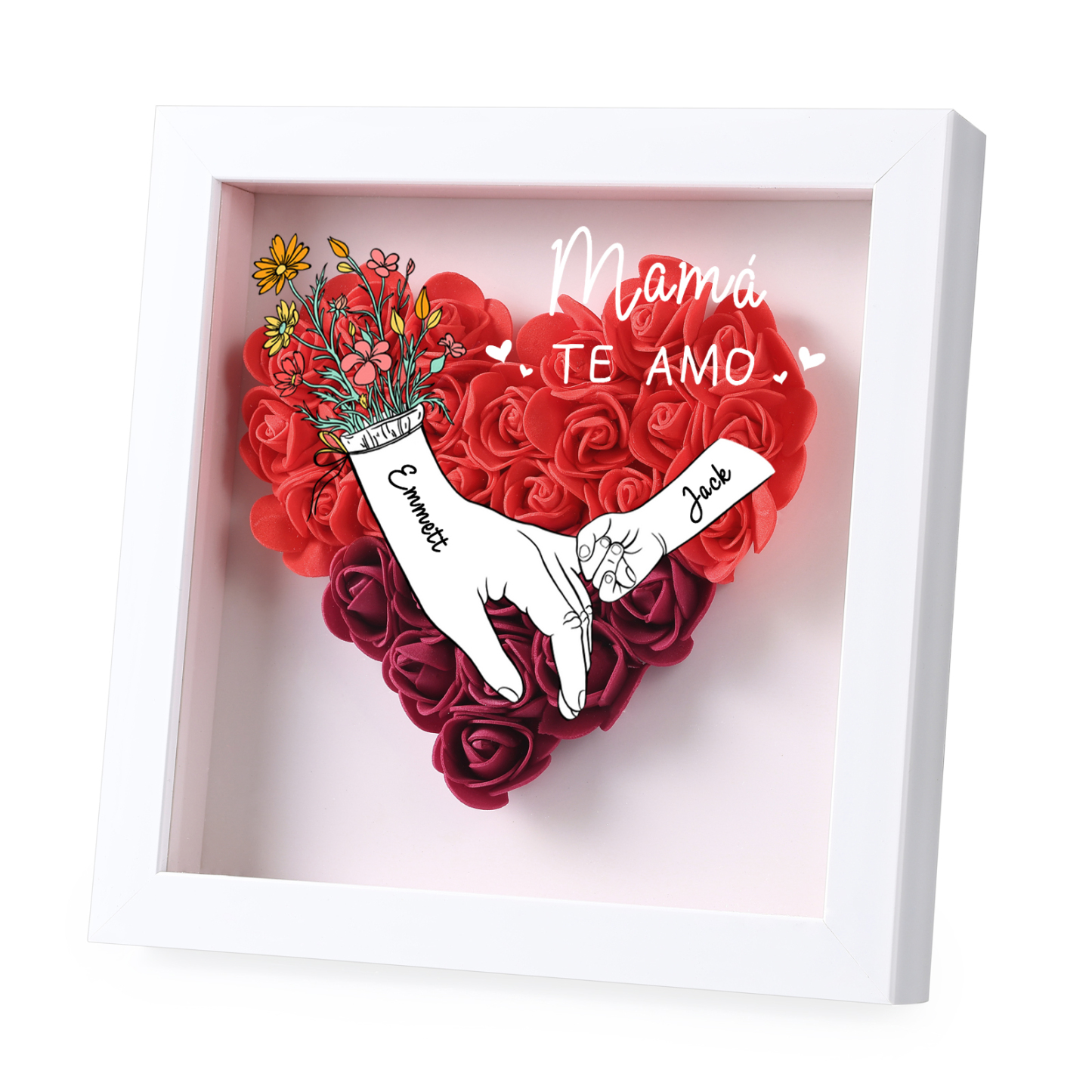 A mi mamá/abuela-Marco de flores de madera mano con mano personalizado con 2 nombres y 1 texto | Jessemade