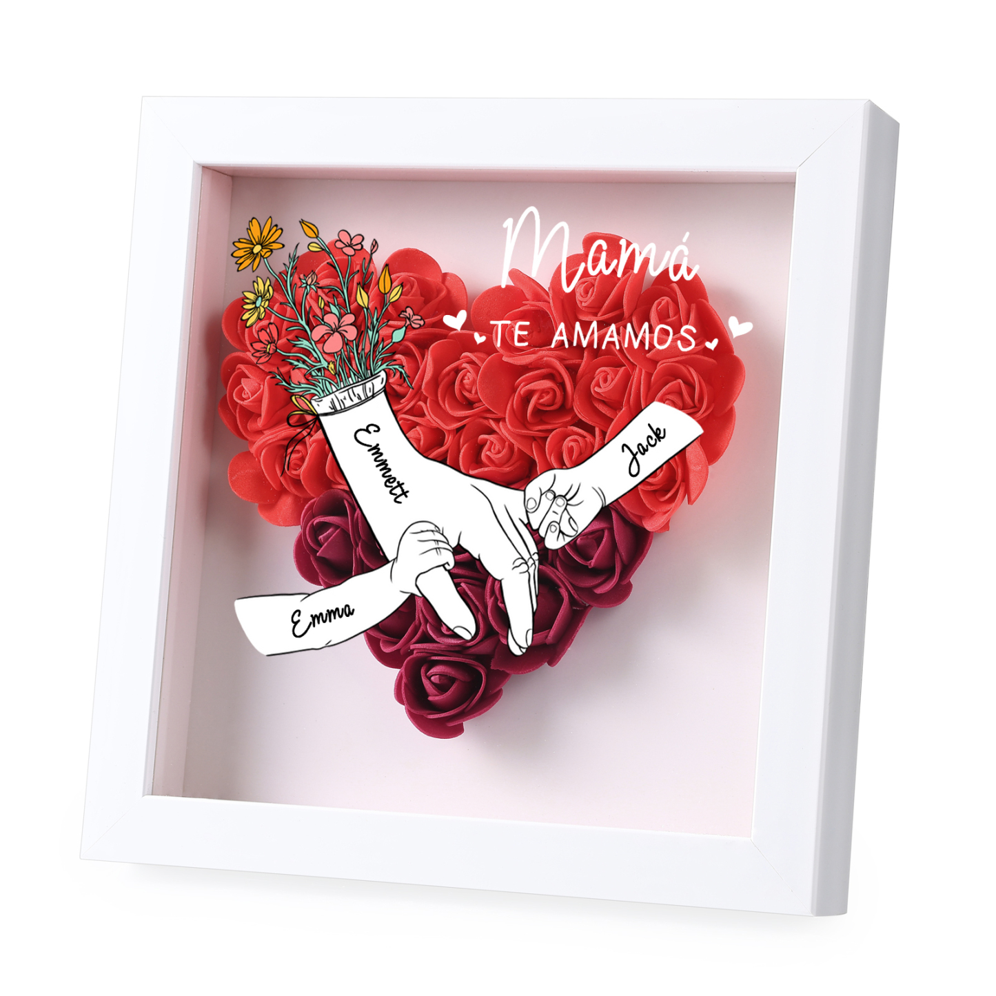 A mi mamá/abuela-Marco de flores de madera mano con mano personalizado con 3 nombres y 1 texto | Jessemade