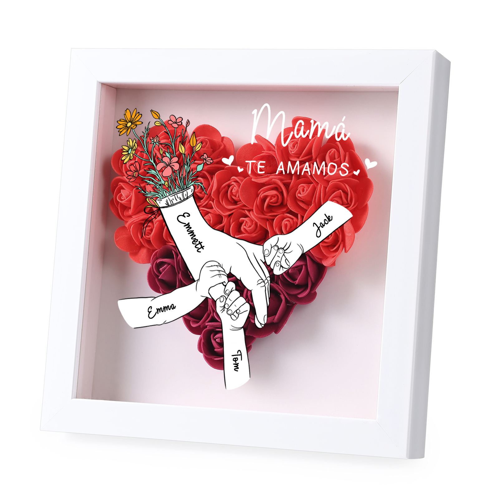 A mi mamá/abuela-Marco de flores de madera mano con mano personalizado con 4 nombres y 1 texto | Jessemade