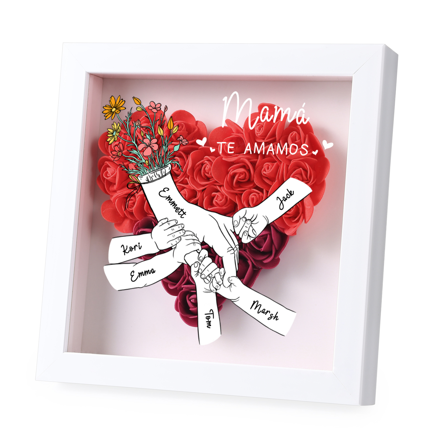A mi mamá/abuela-Marco de flores de madera mano con mano personalizado con 6 nombres y 1 texto | Jessemade