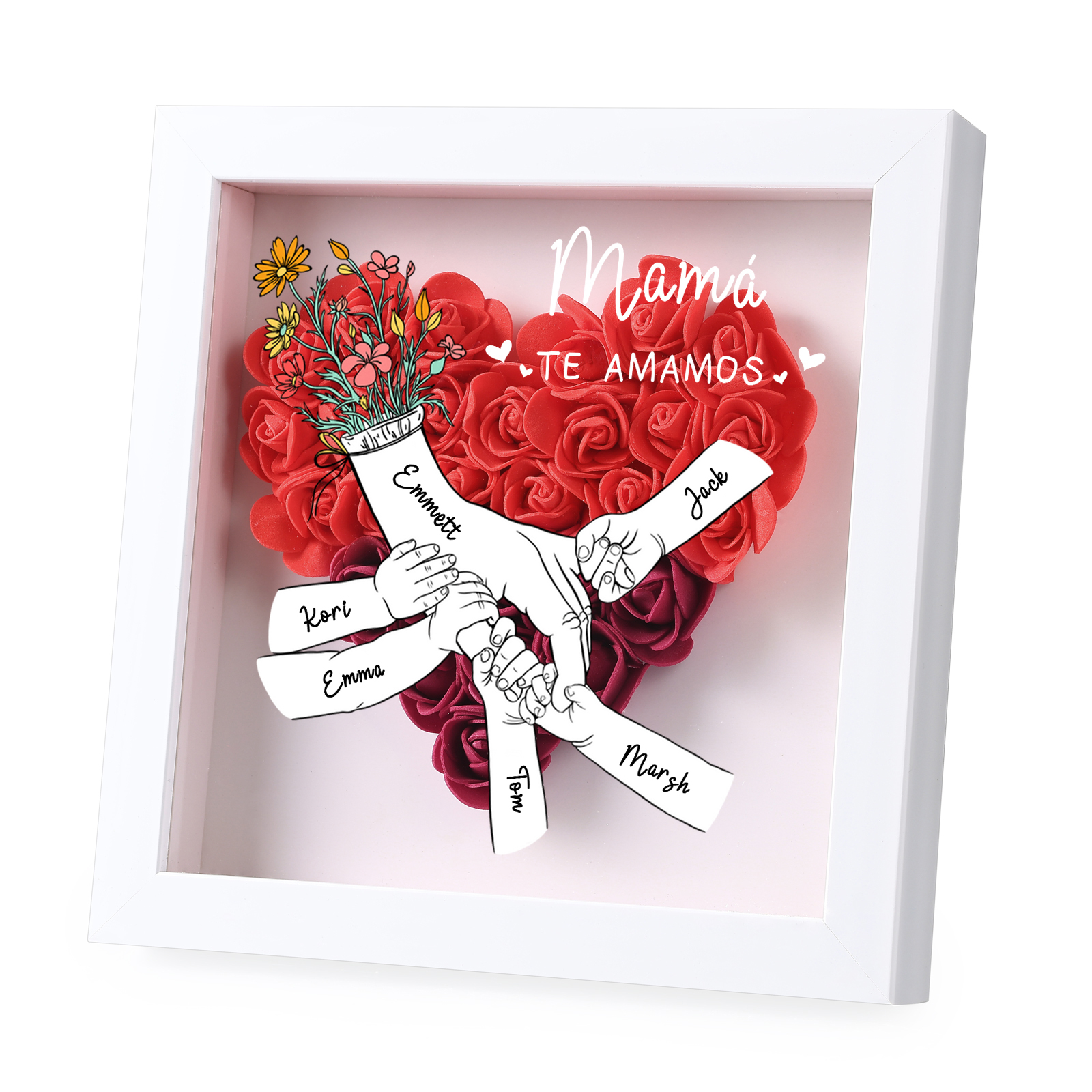 A mi mamá/abuela-Marco de flores de madera mano con mano personalizado con 6 nombres y 1 texto | Jessemade