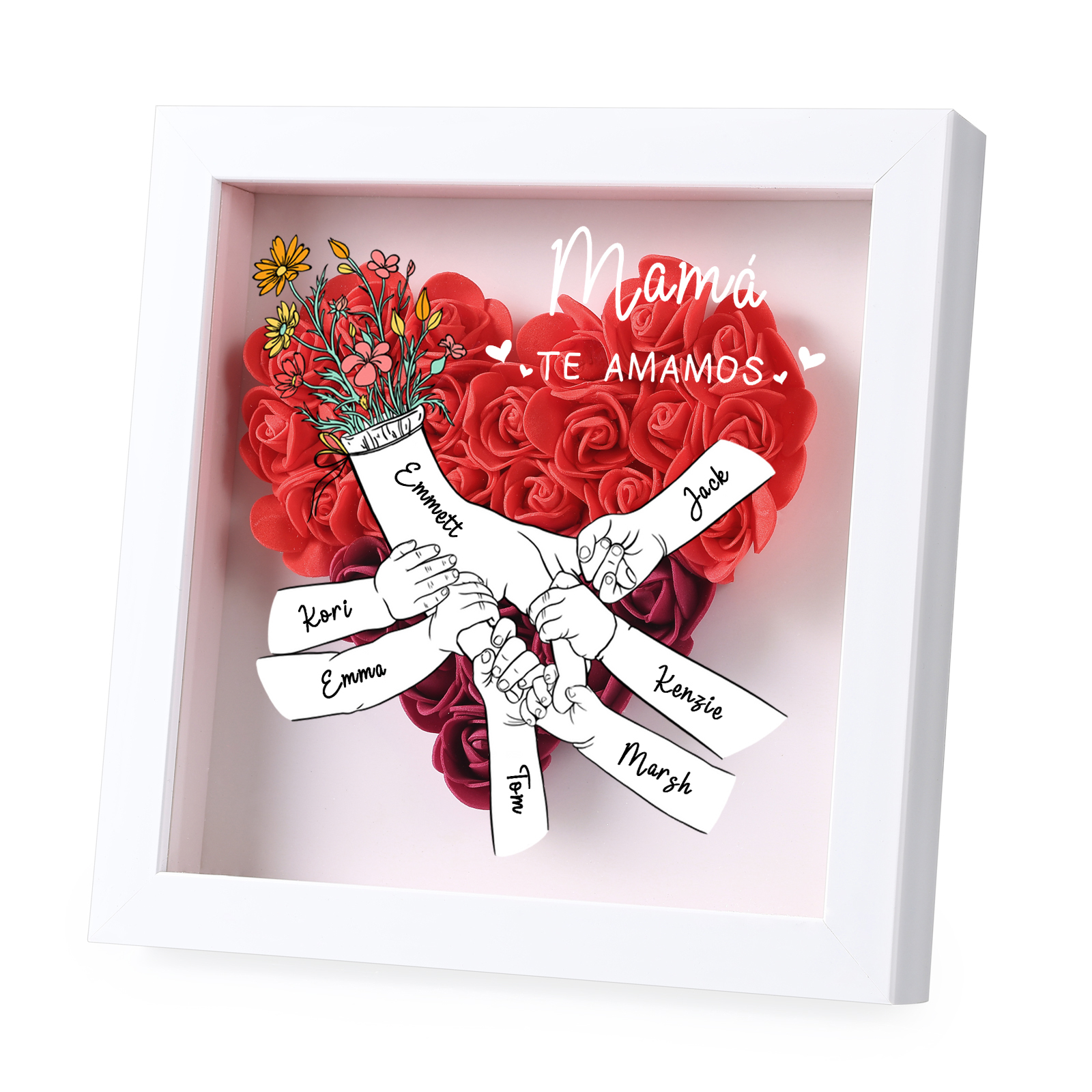 A mi mamá/abuela-Marco de flores de madera mano con mano personalizado con 7 nombres y 1 texto | Jessemade