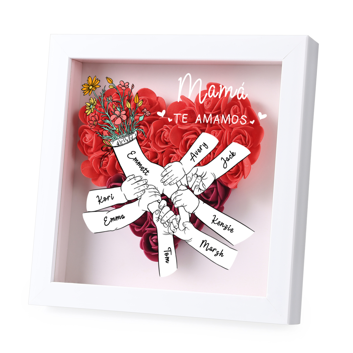 A mi mamá/abuela-Marco de flores de madera mano con mano personalizado con 8 nombres y 1 texto | Jessemade