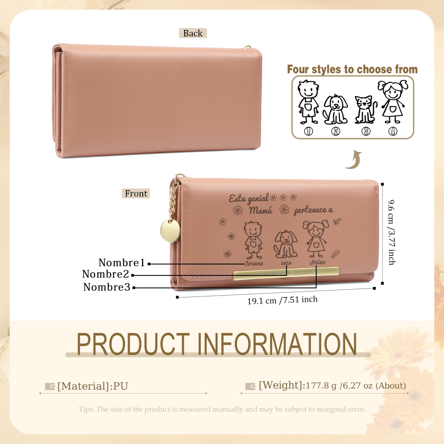 A mi mamá-Cartera con dibujos seleccionados 3 nombres personalizados billetera para mujer | Jessemade