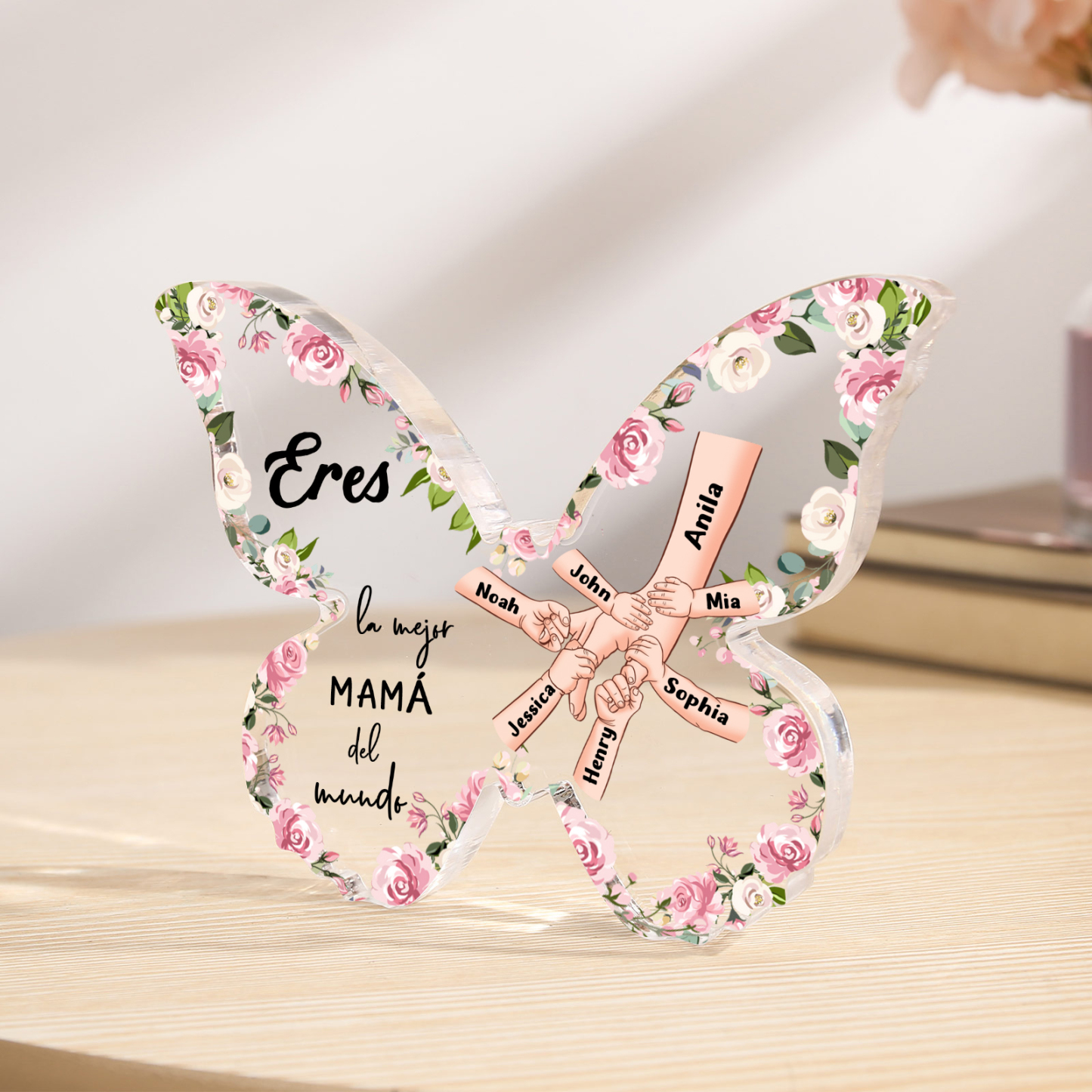 A mi mamá-Placa de acrílico en forma de mariposa mano con mano 7 nombres personalizados | Jessemade