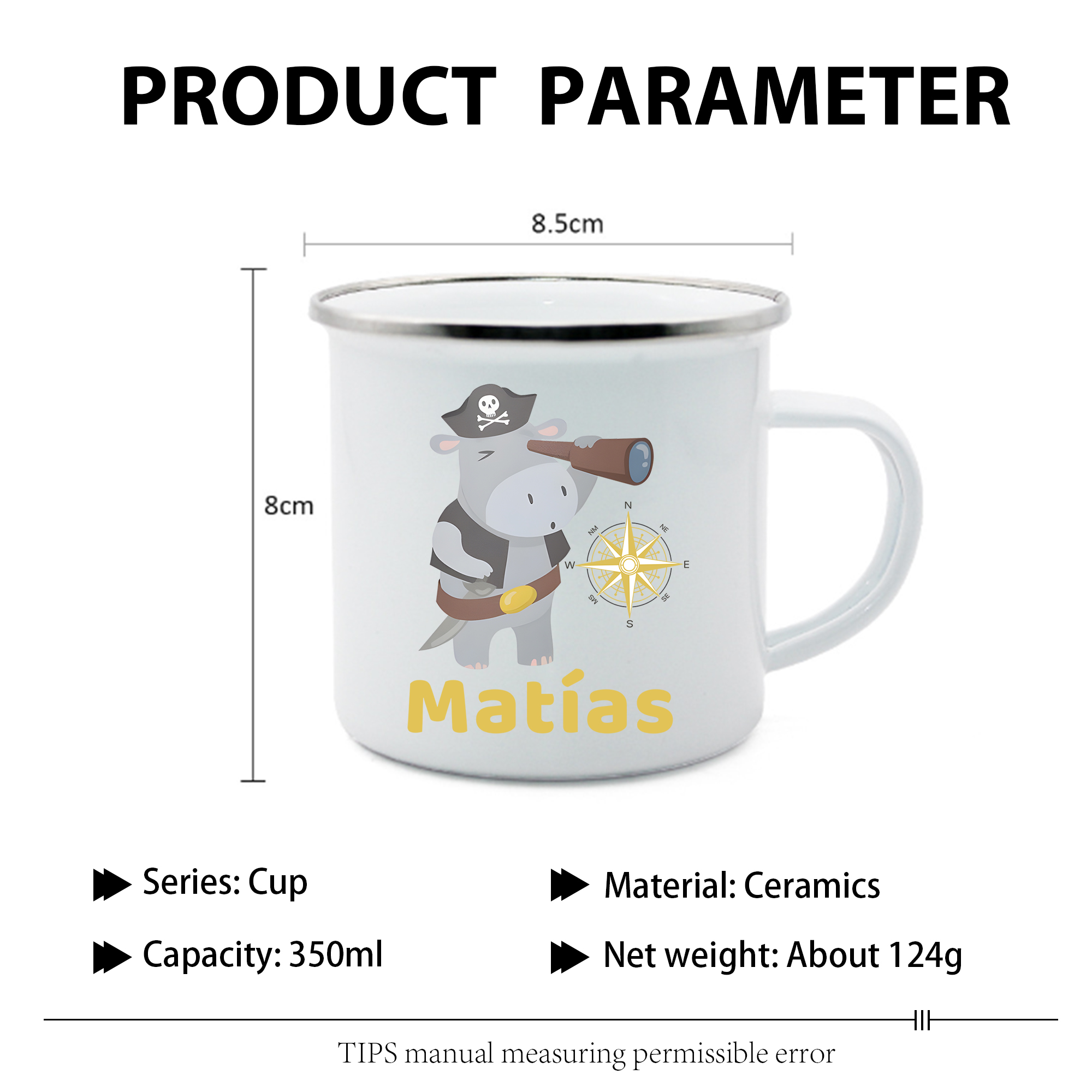Vuelta al cole-Taza para niños "hipopótamo pirata" con 1 nombre personalizado