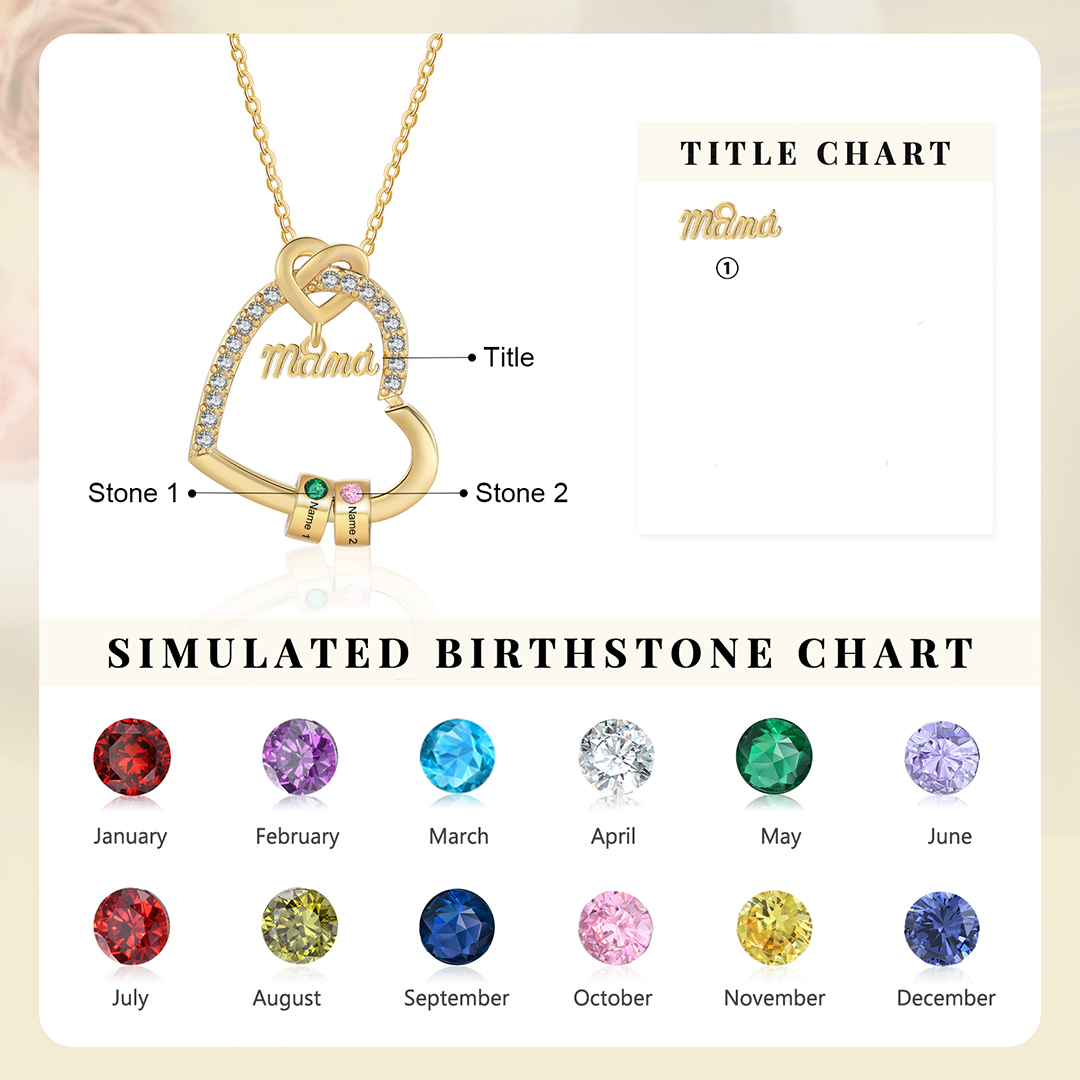 Collar en forma de corazón 1-5 nombres y piedras de nacimiento personalizados con colgante de "MAMÁ" color oro | Jessemade